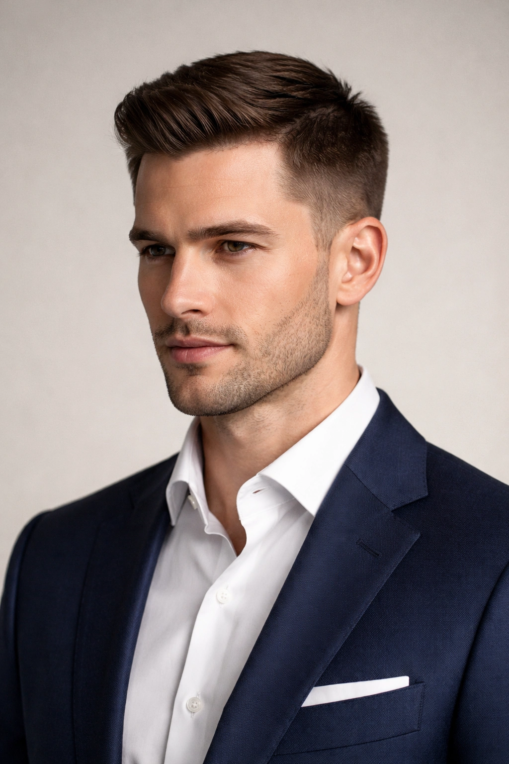 Ivy League haircut with a neat side part and tapered sides