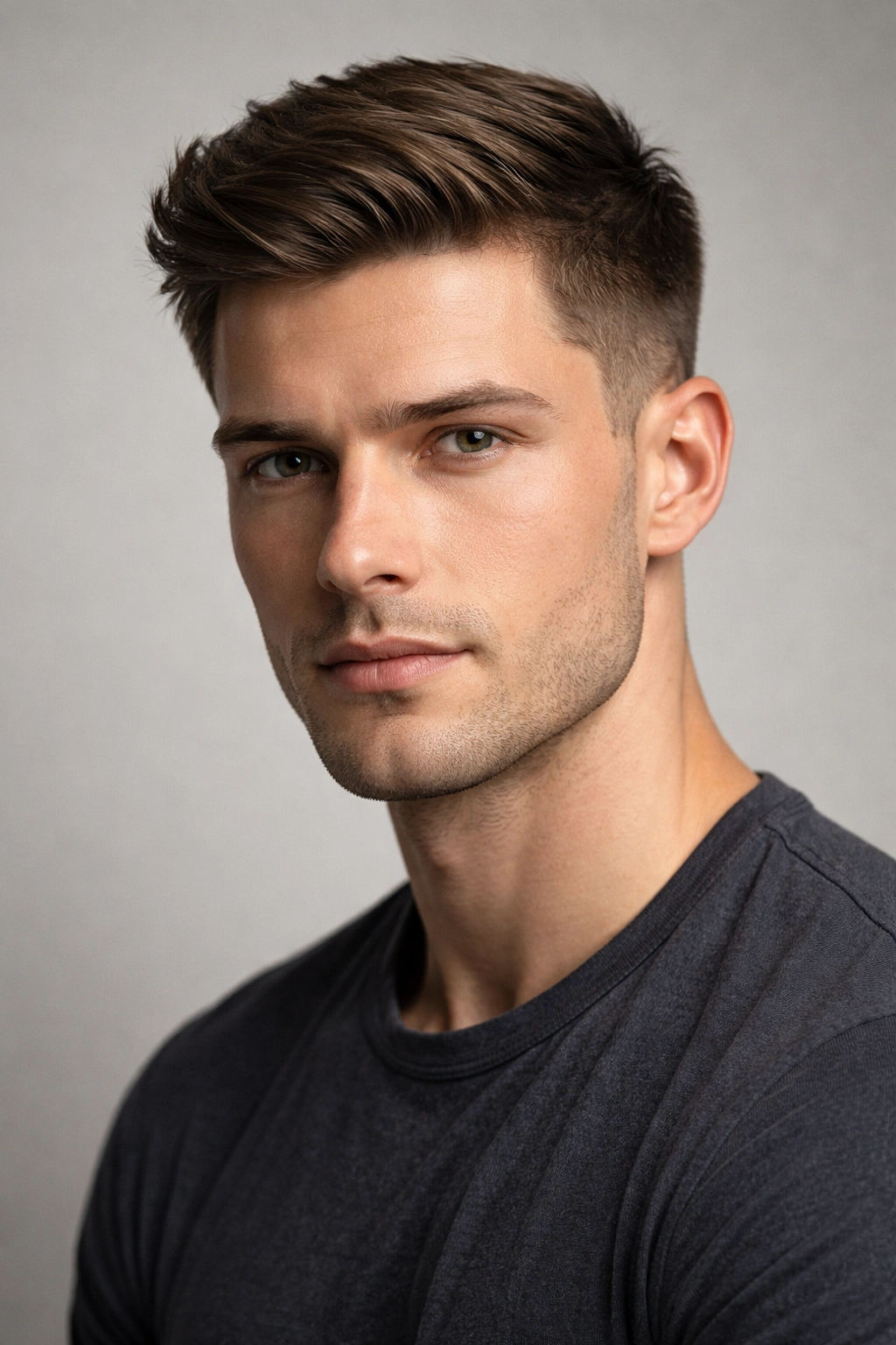 Ivy League haircut on a man with a square jaw, balanced top texture and tapered sides