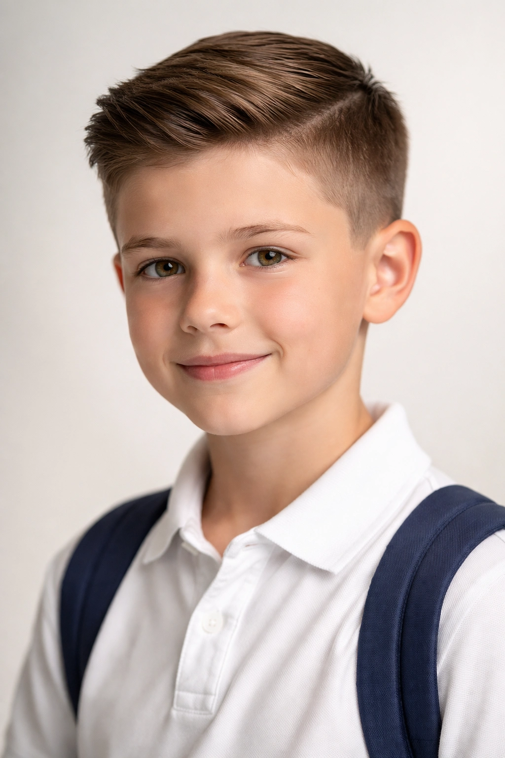 Boy with Ivy League cut featuring a neat side-part and subtle length on top.