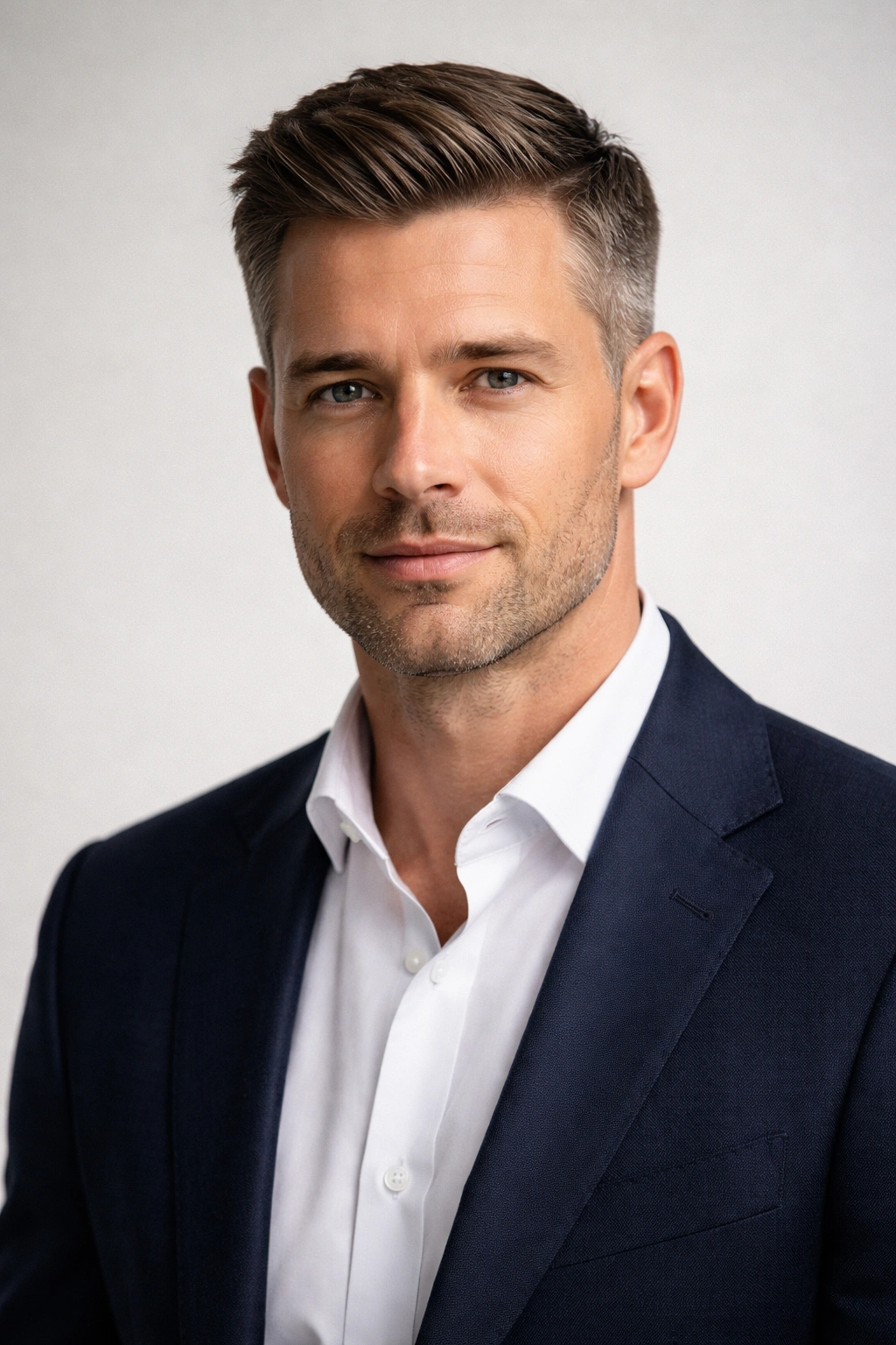 Close-up portrait of a man with an Ivy League haircut
