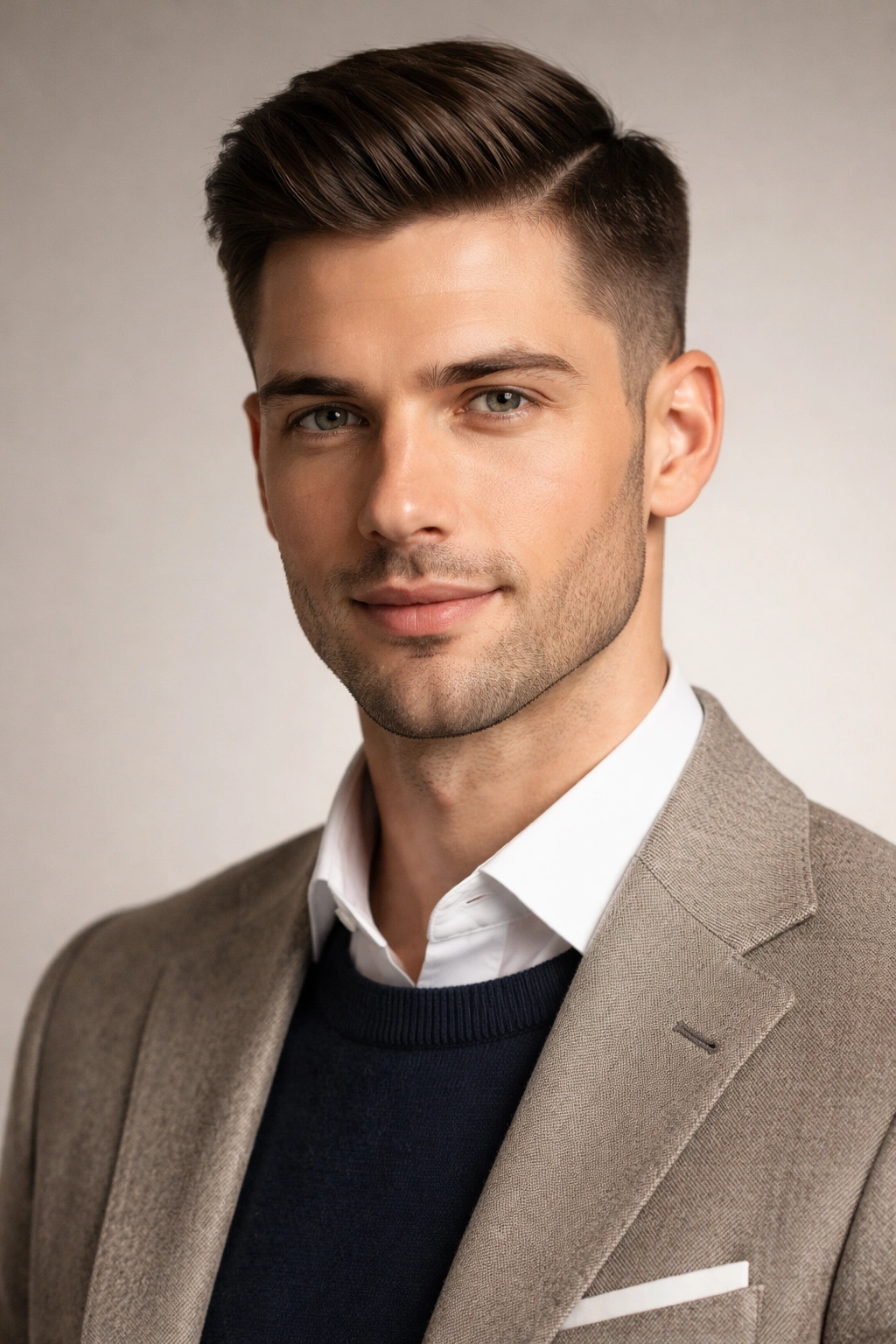 Ivy League haircut with side part and tapered sides