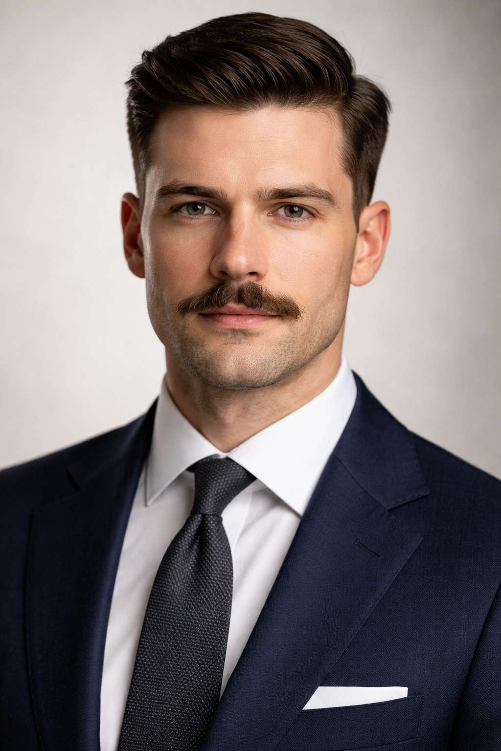 Portrait of man with Ivy League haircut and refined mustache