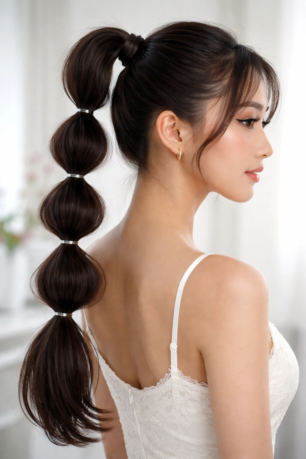 Back view of bubble braids forming uniform bubbles along a high ponytail