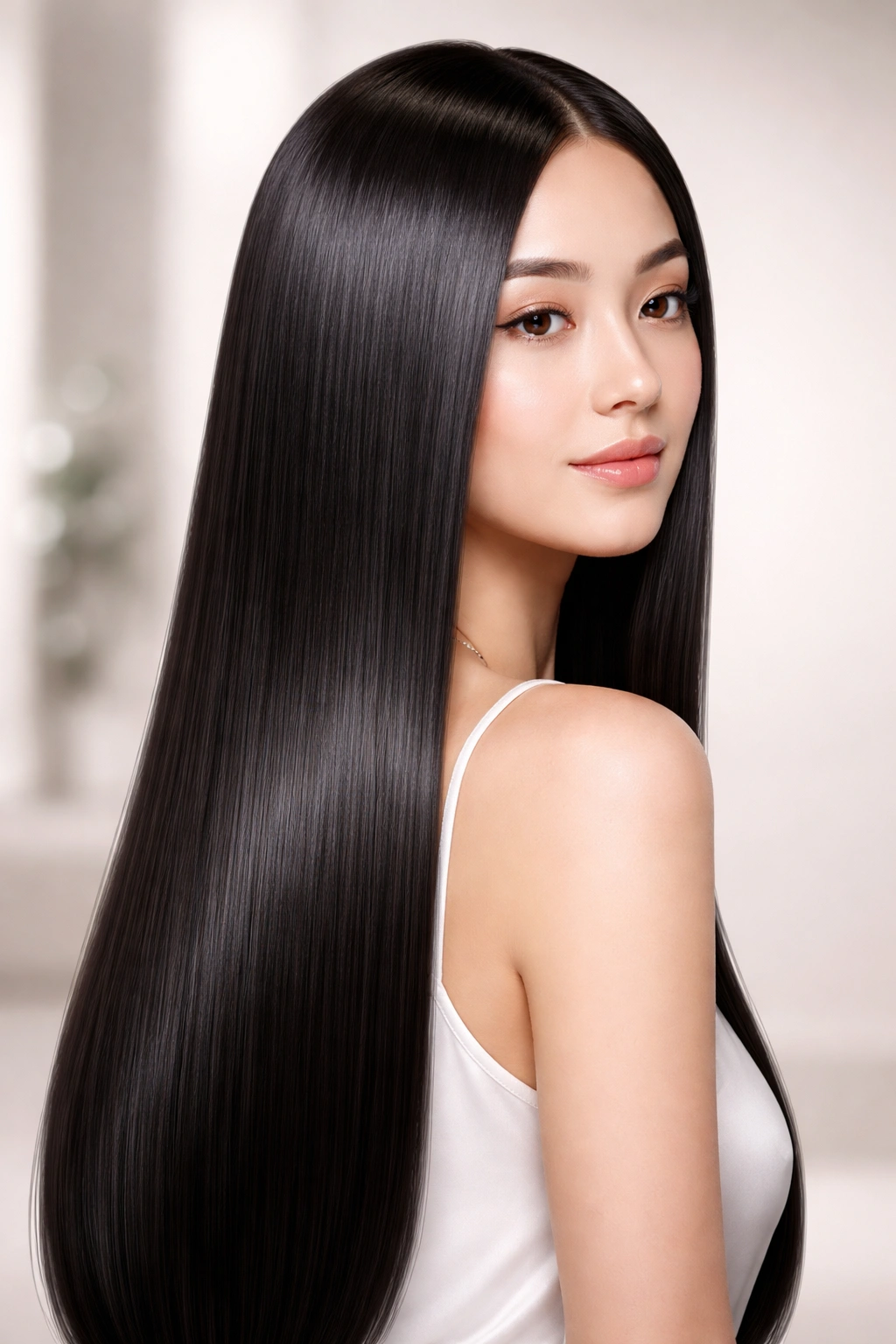 Close-up of ultra-straight, glossy hair after Japanese hair straightening in a neutral studio.