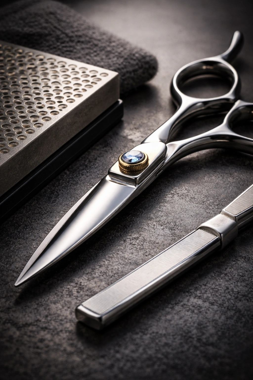 Japanese scissors and a diamond sharpening stone ready for sharpening