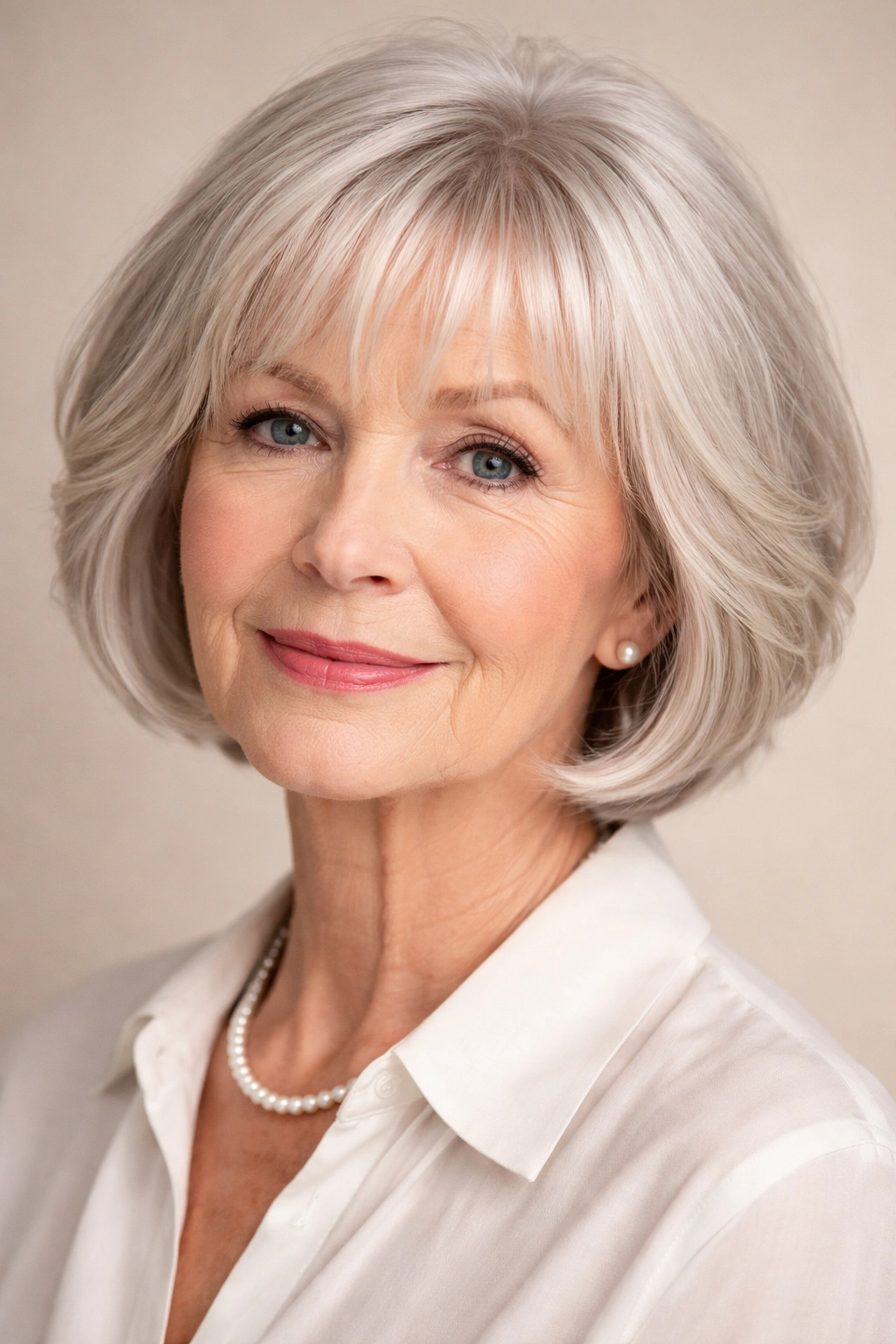 Close-up of a woman with a jaw-length bob and wispy bangs.