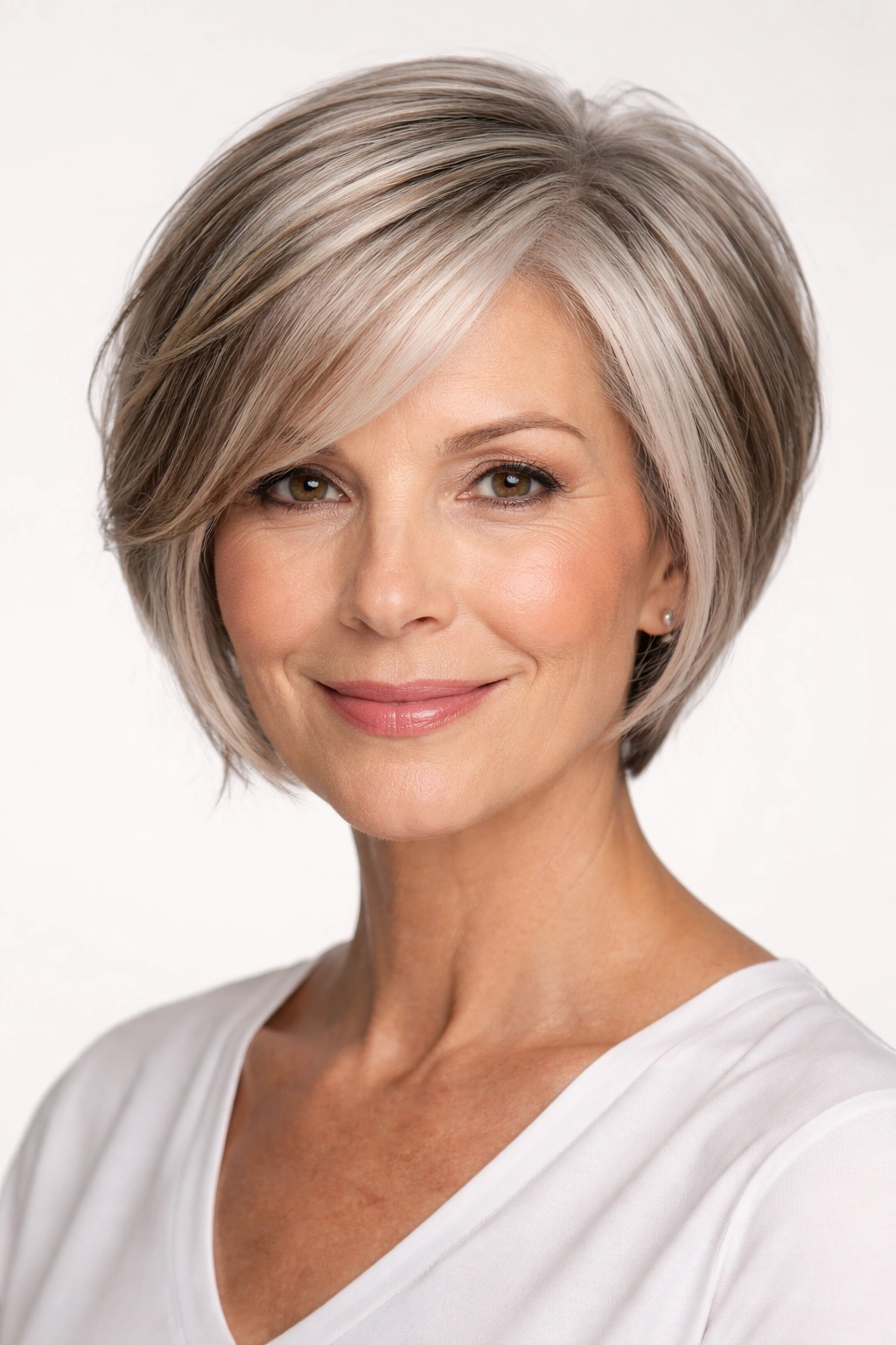Close-up of a mature woman with a jaw-length graduated crop on silver hair
