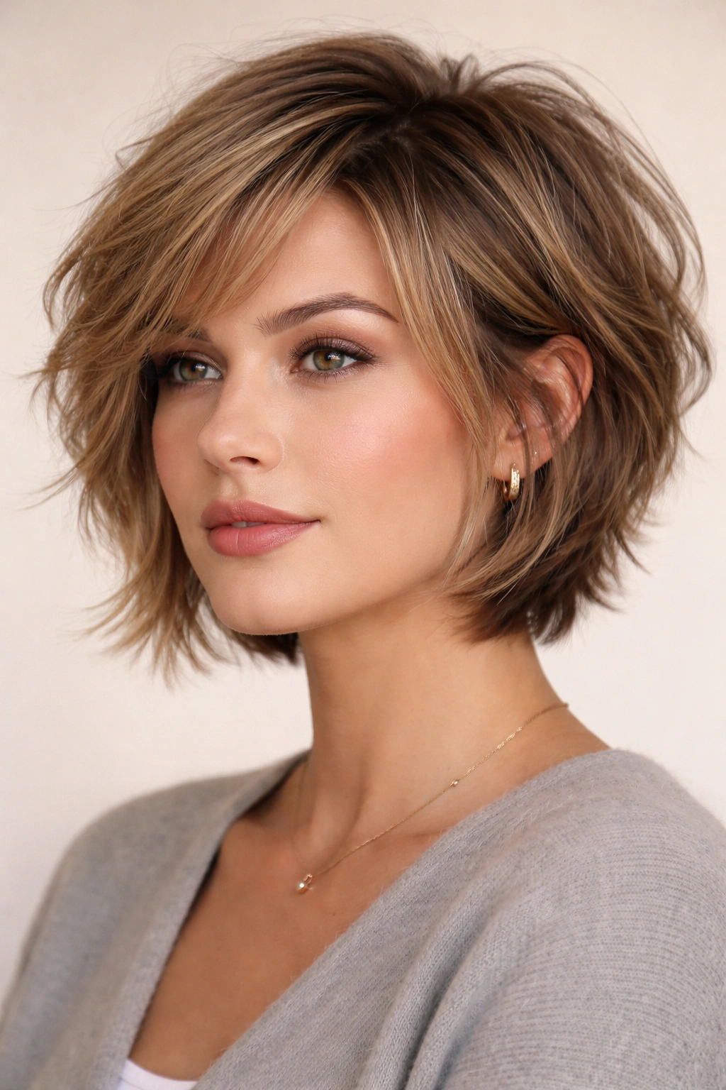 Head-and-shoulders portrait of layered textured cut with crown volume soft jawline framing