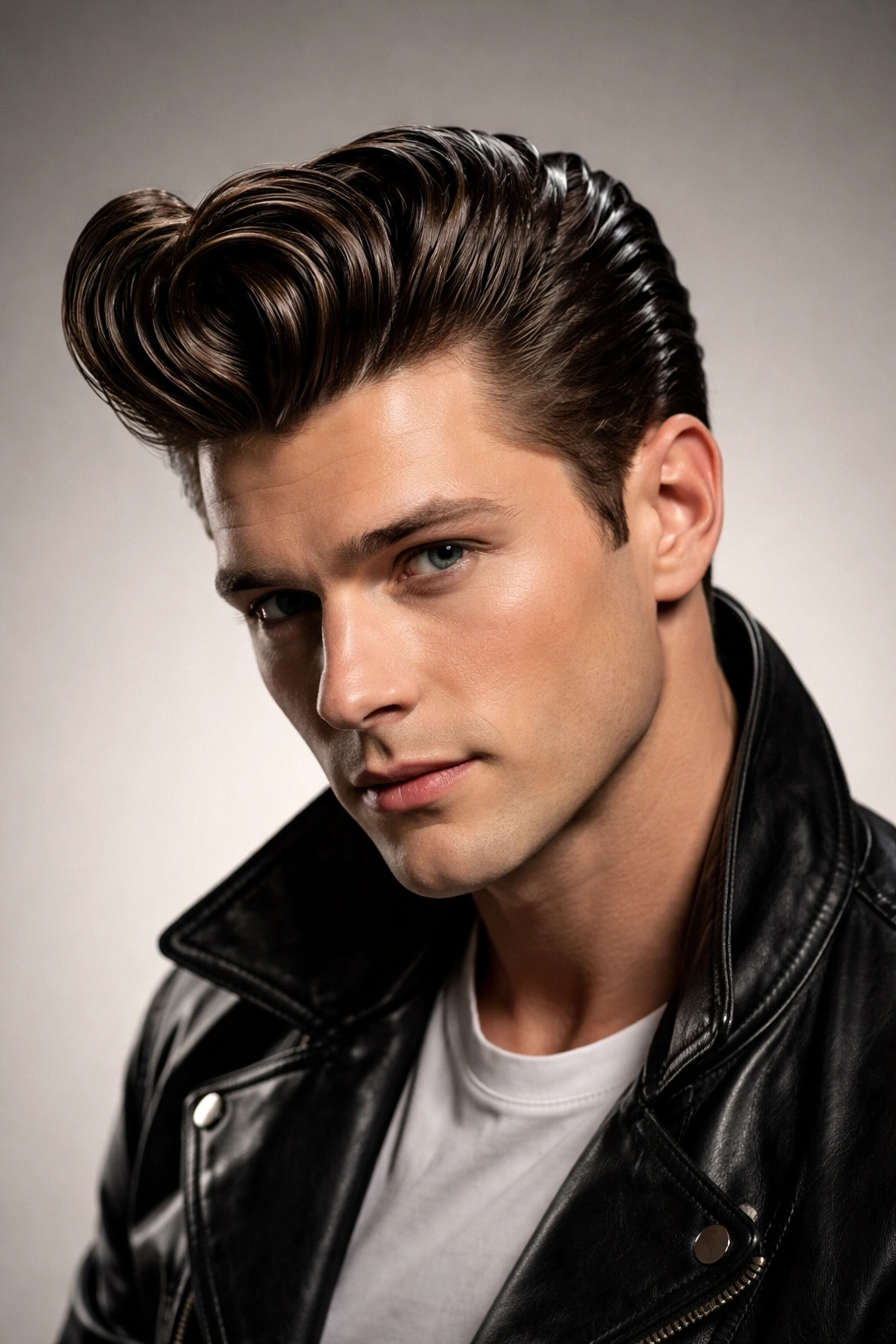 Close-up portrait of a man with a dramatic jelly roll hairstyle featuring rolled waves on top