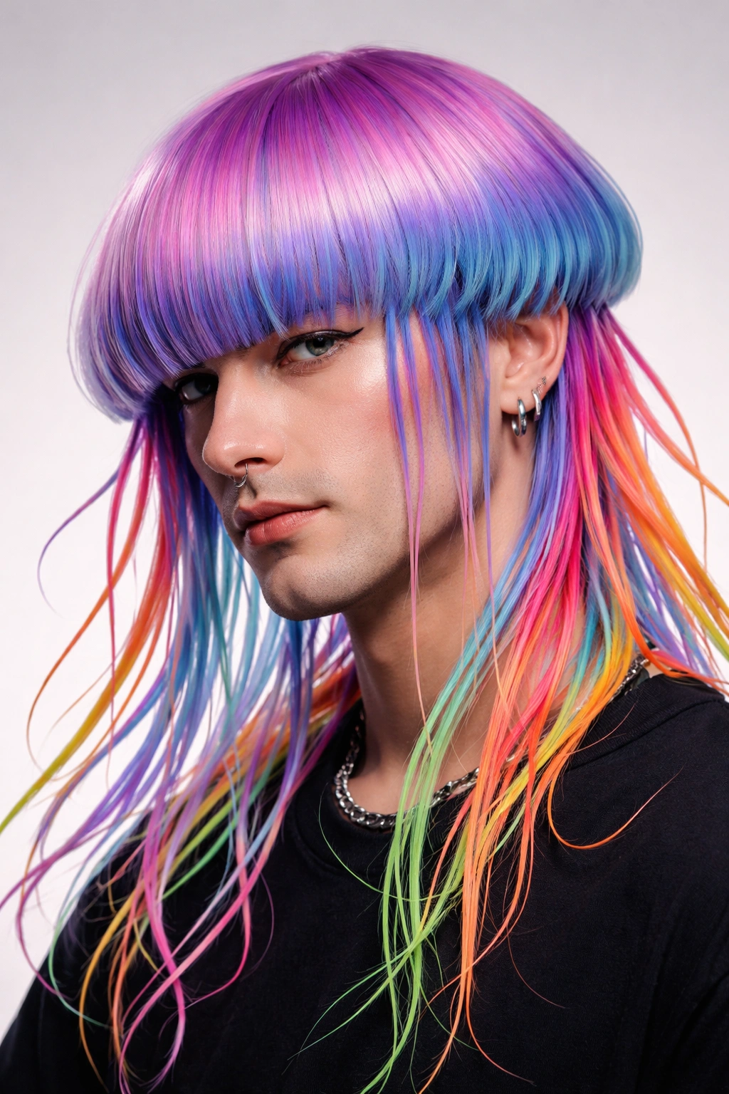 Close-up portrait of a man with jellyfish-inspired haircut featuring a rounded top and bright tentacle-like strands.