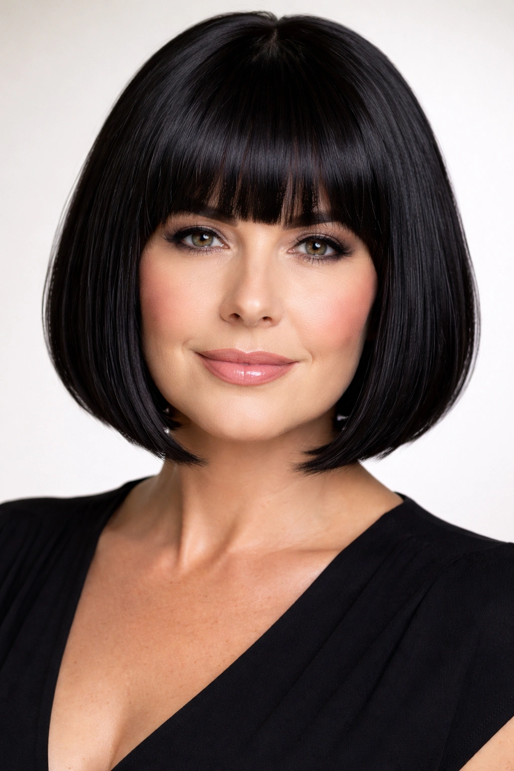Jet-black bob with full bangs and sharp silhouette