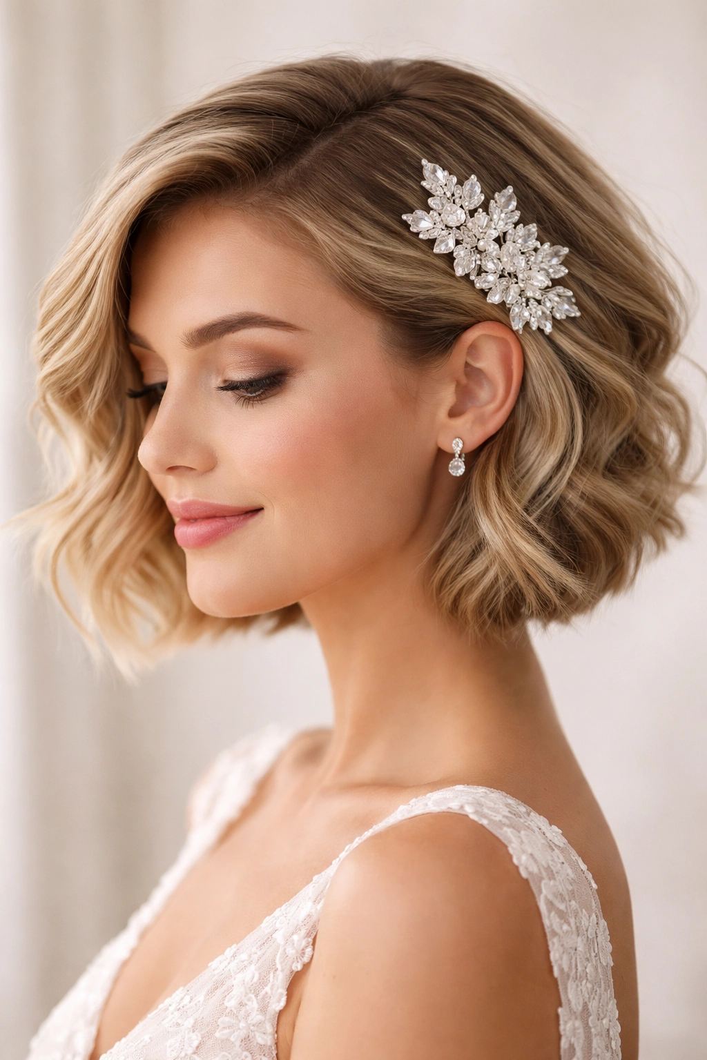 Short hair featuring a single jeweled hair accessory catching light.