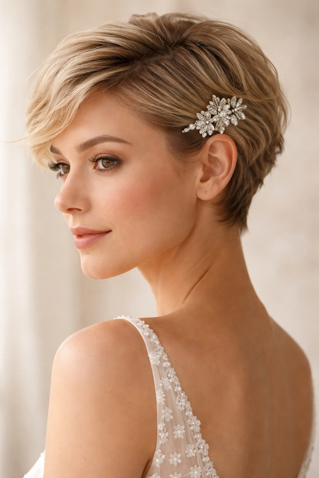 Short bridal hairstyle featuring a single jeweled clip behind the ear