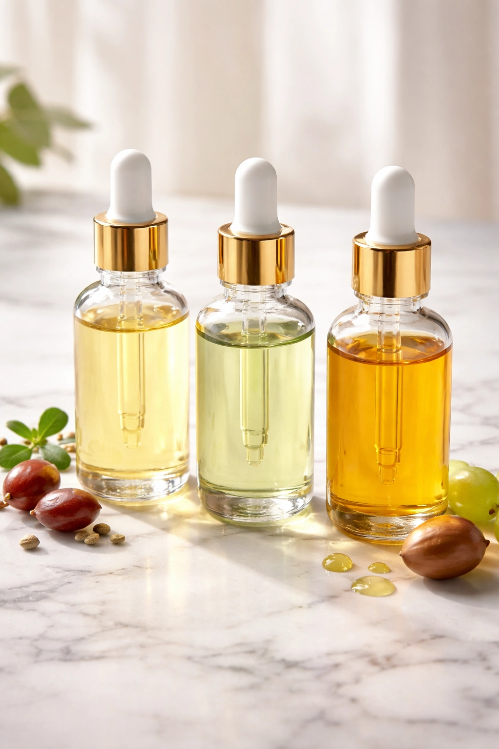 Three glass dropper bottles with lightweight oils on a white surface