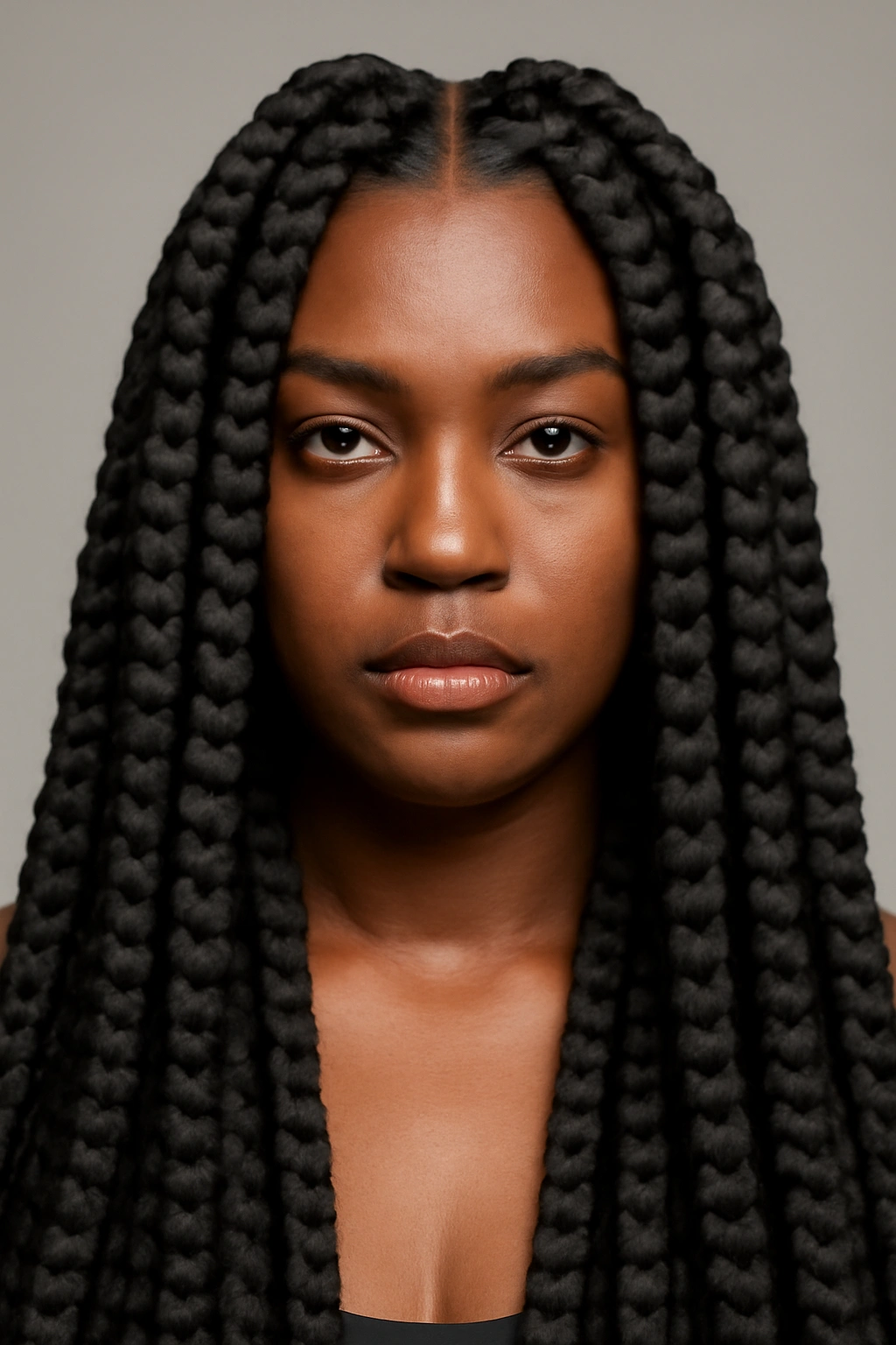 Frontal view of jumbo box braids with thick, bold texture