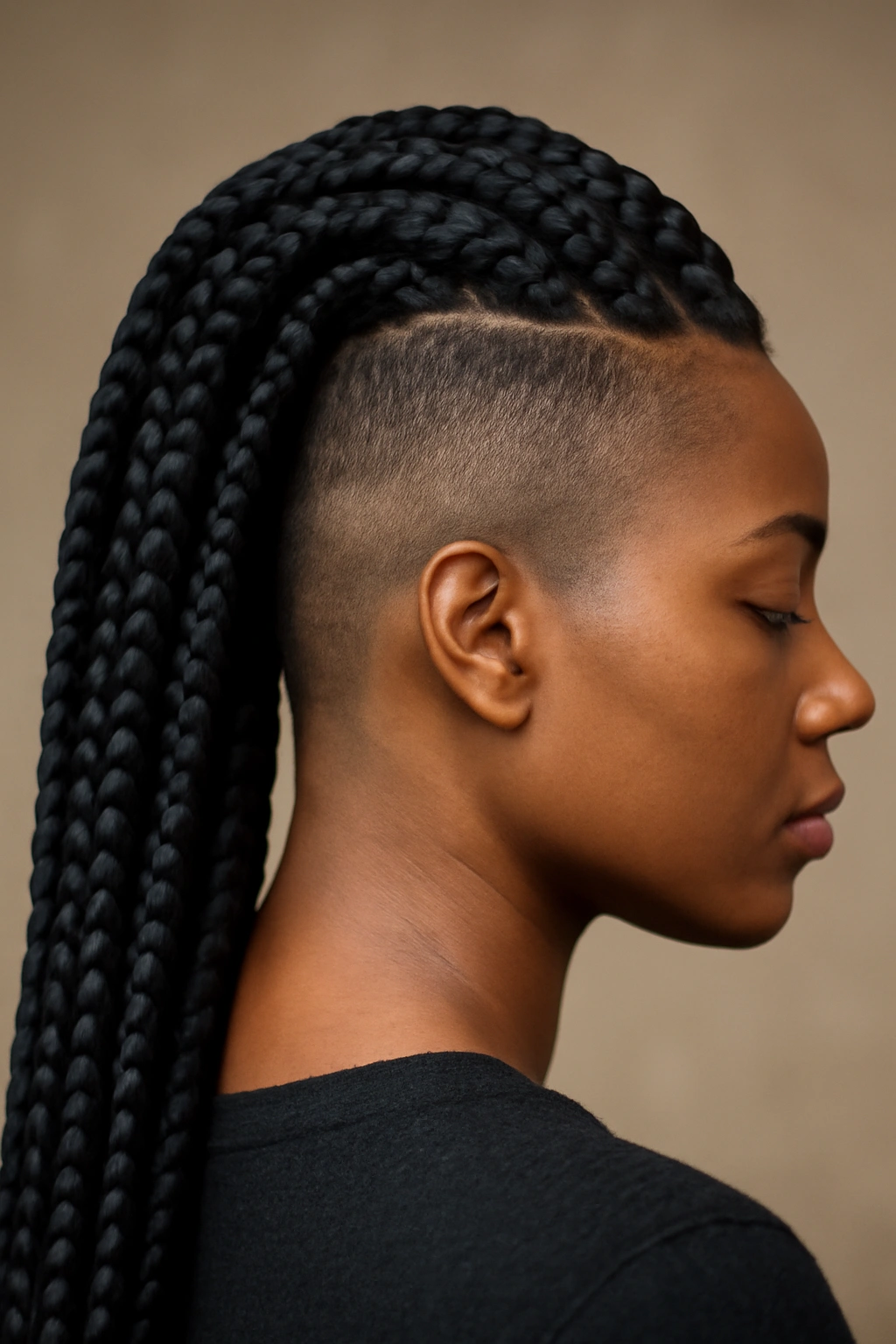 20 Box Braid Styles From Short Bobs to Waist Length 3 Portrait featuring jumbo box braids with shaved undercut at the nape