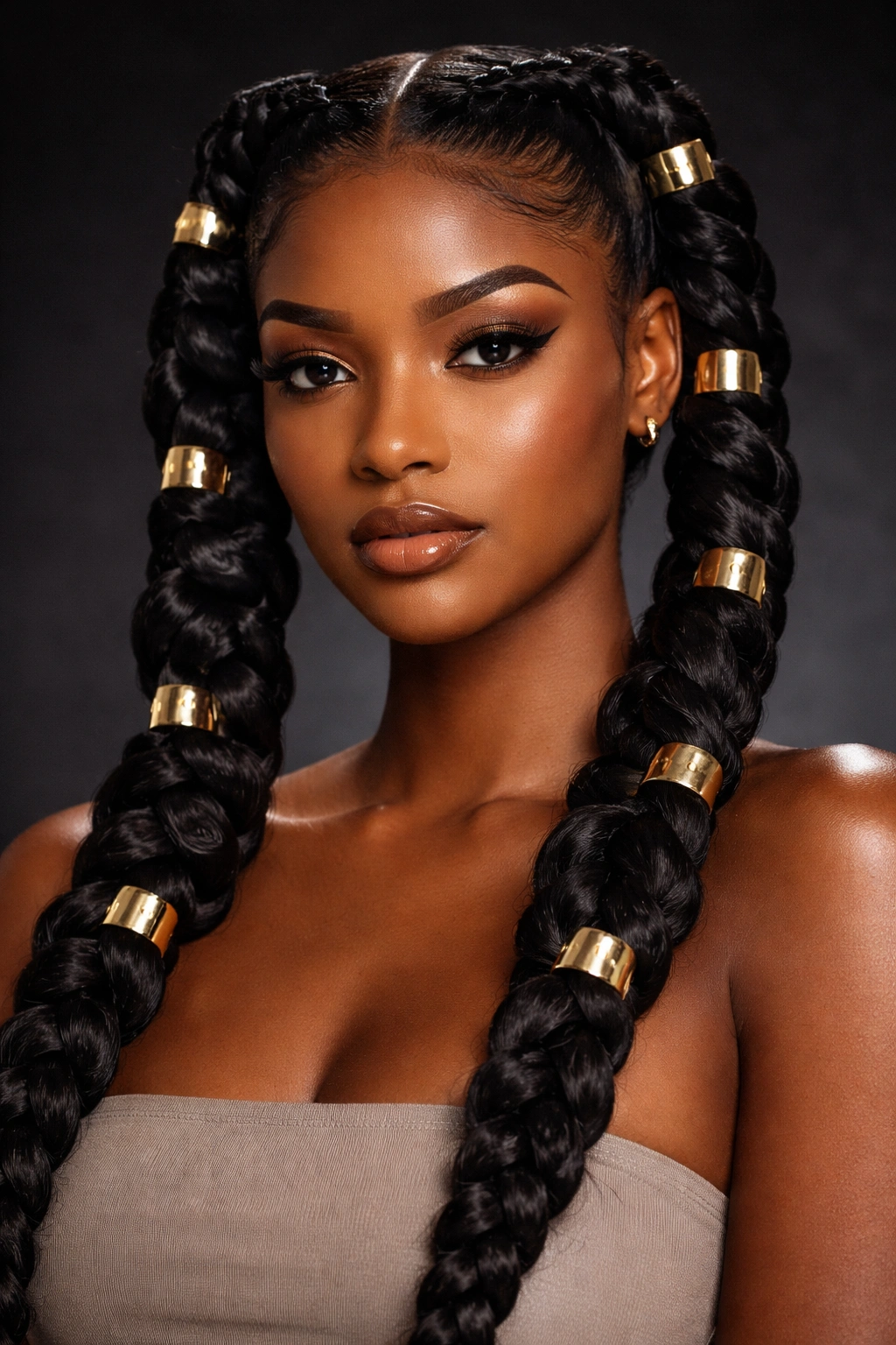 Close-up of two jumbo braids with gold cuffs framing the face