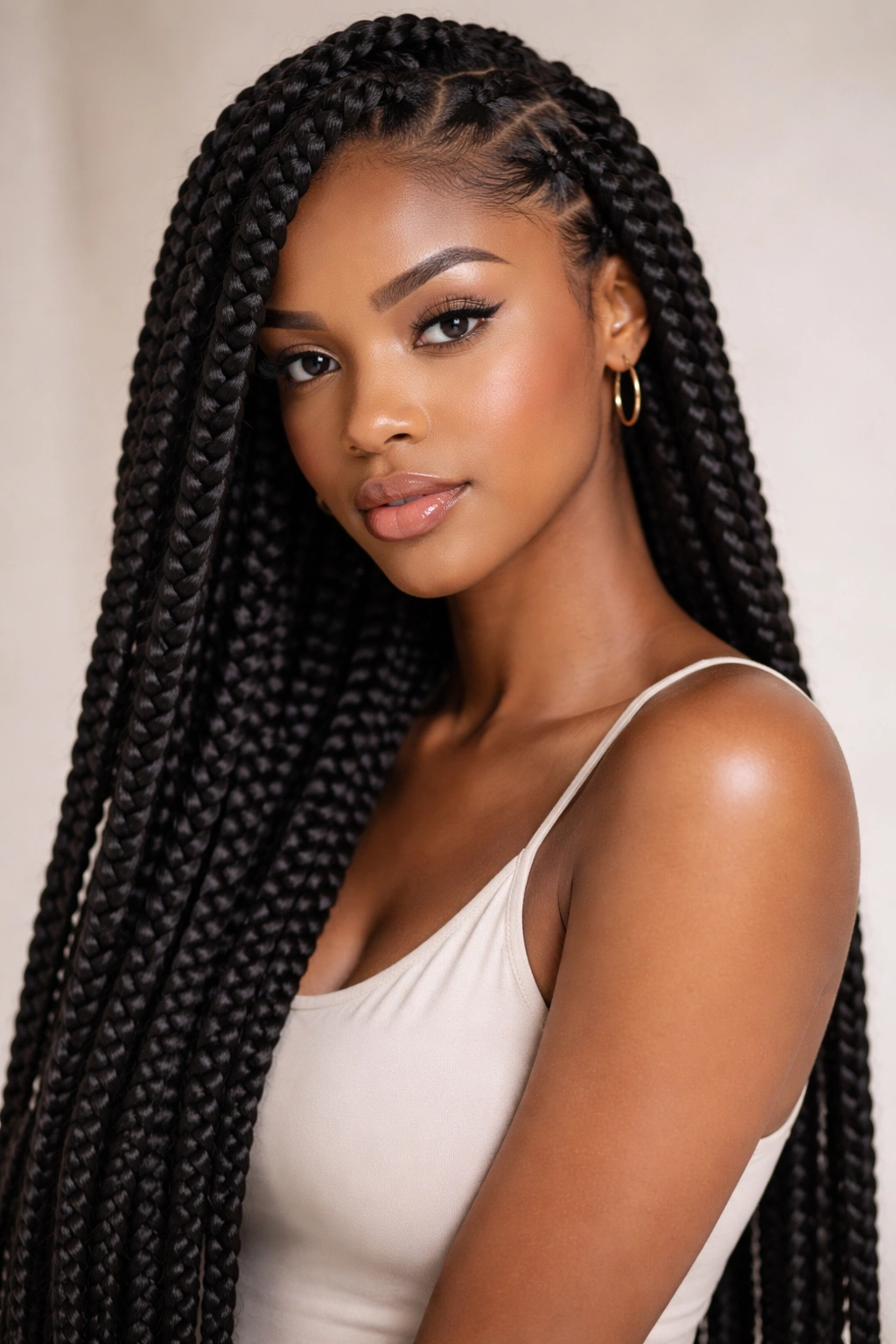 Close-up of jumbo box braids showing thick, glossy texture