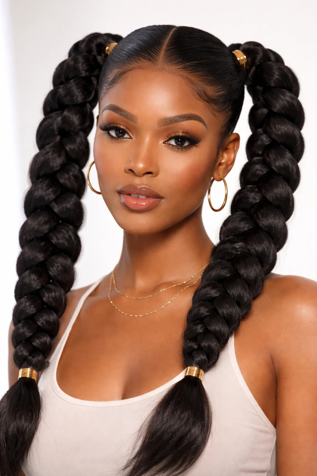 Close-up of jumbo braids pigtails with thick, voluminous braids
