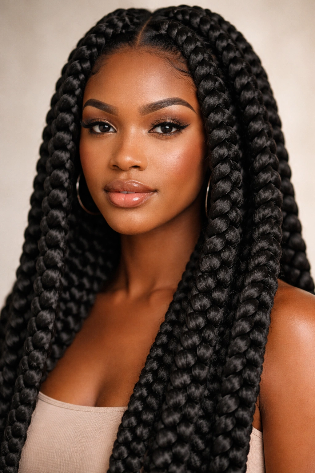 25 Braided Hairstyles For Black Women To Bookmark 13 Close-up of a person with jumbo braids showing thick, glossy box braids and bold volume