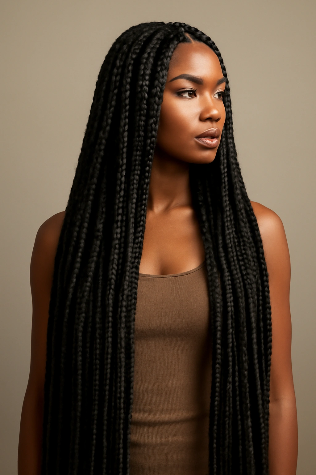 Waist-length jumbo box braids cascading to the waist