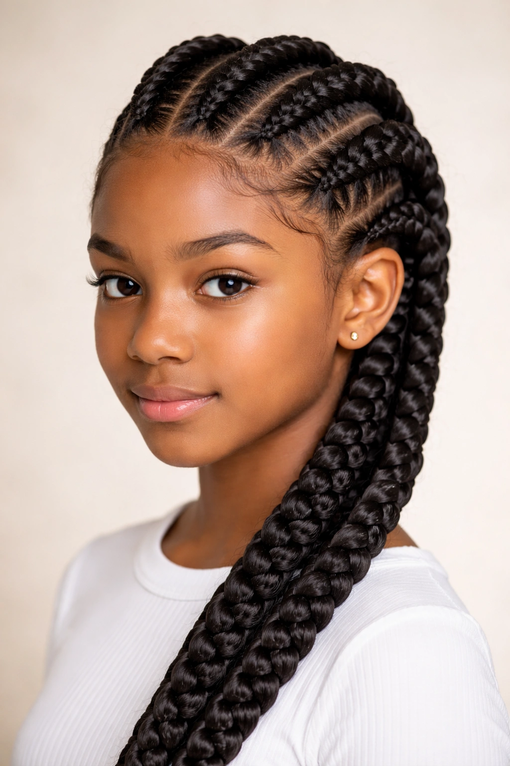 Four large cornrows running from hairline to crown