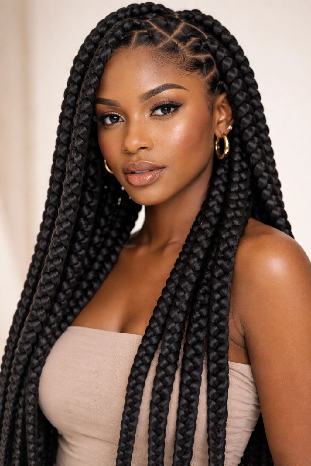 Close-up of jumbo knotless braids with thick, uniform strands surrounding the head