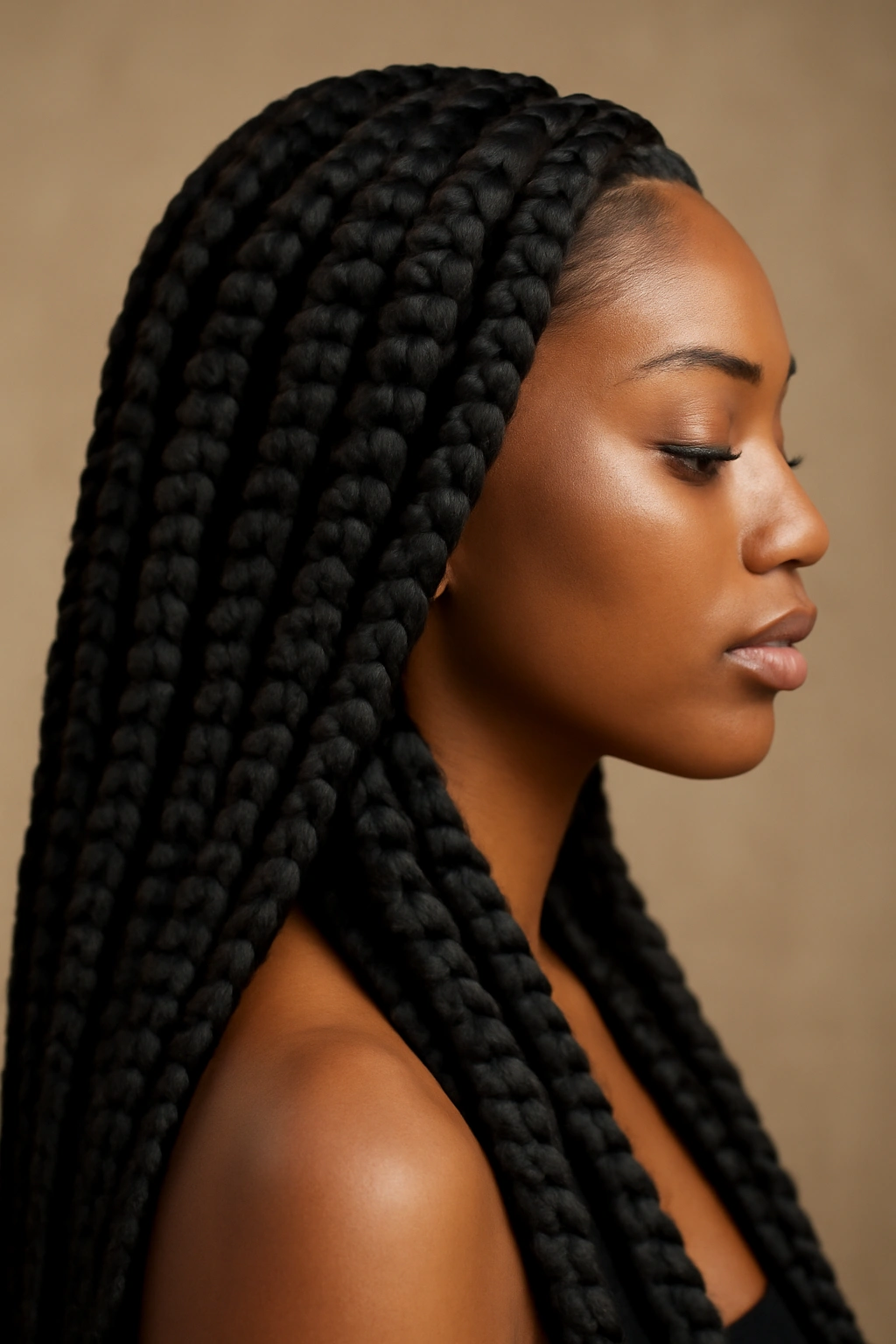 15 Knotless Braid Styles Black Women Are Wearing Now 4 Front view of jumbo knotless braids with thick, chunky sections