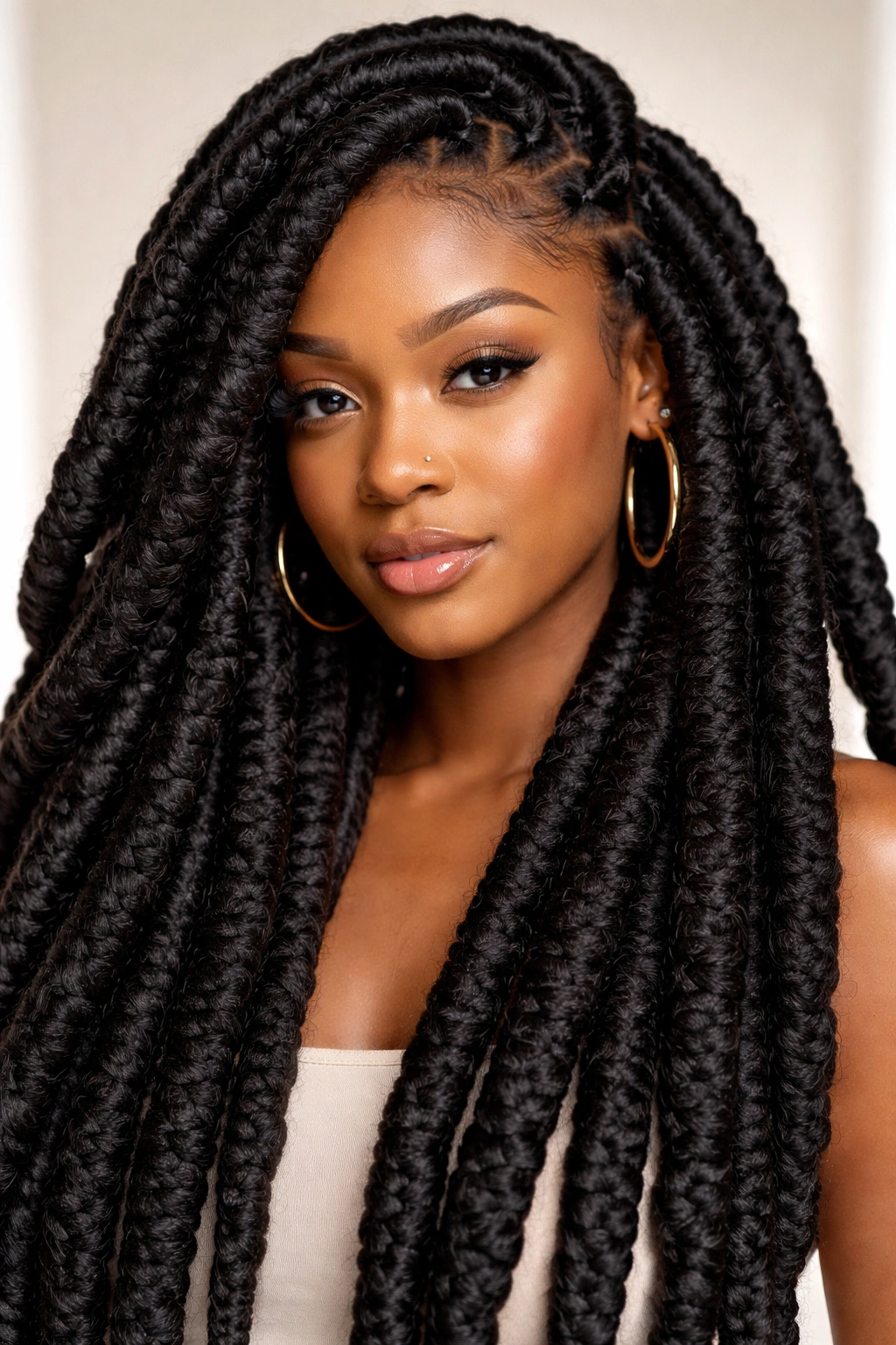 Close-up of jumbo locs showing thick, bold locks