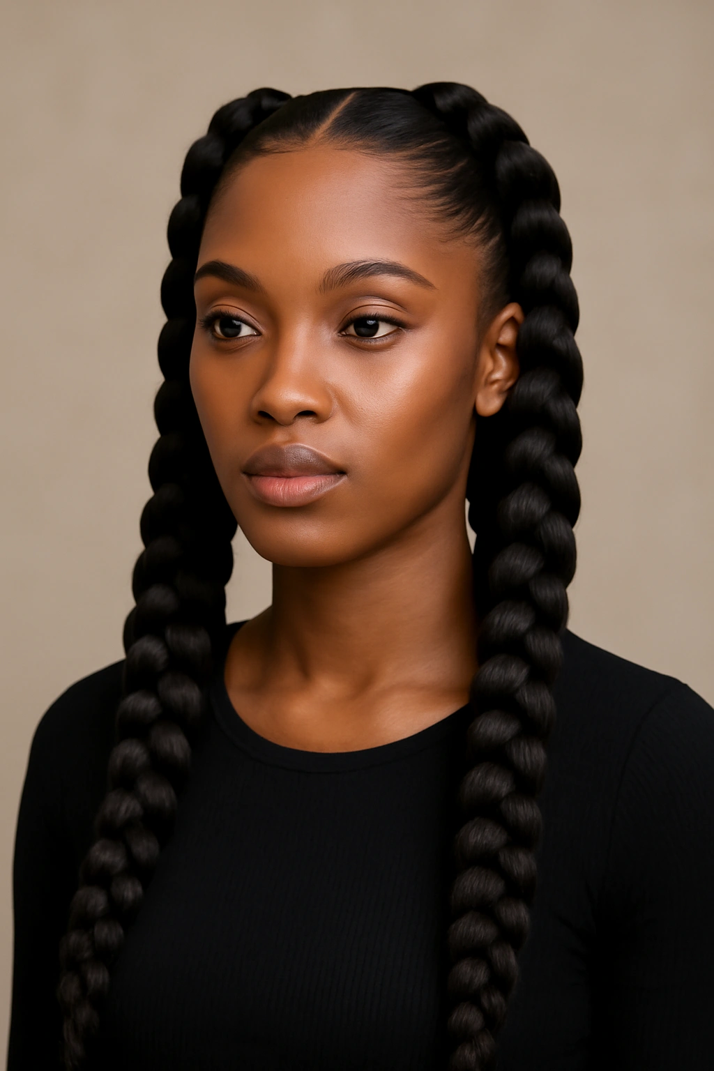 10 Pigtail Braid Styles Black Women Should Bookmark 1 Close-up of two glossy jumbo pigtails starting at the crown and framing the face
