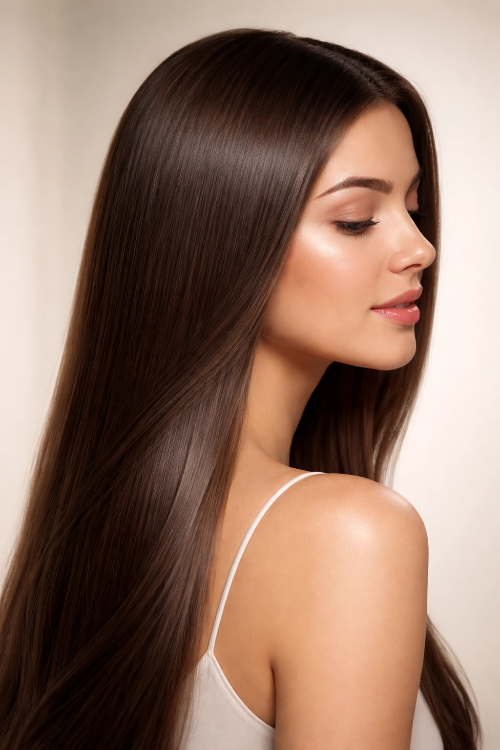 Close-up of glossy keratin-treated hair with smooth texture in neutral setting