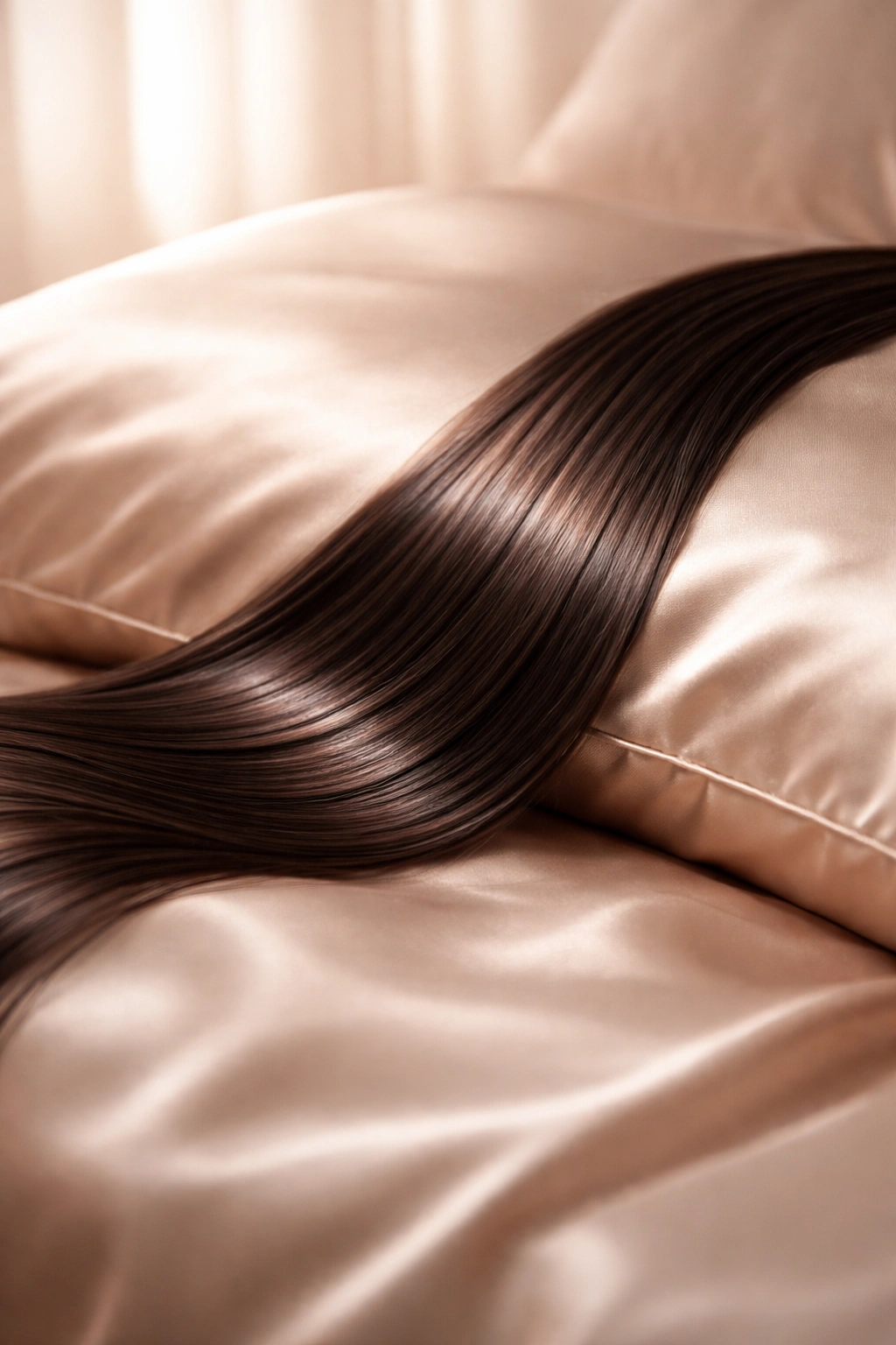 Glossy keratin-treated hair on satin pillowcase illustrating aftercare