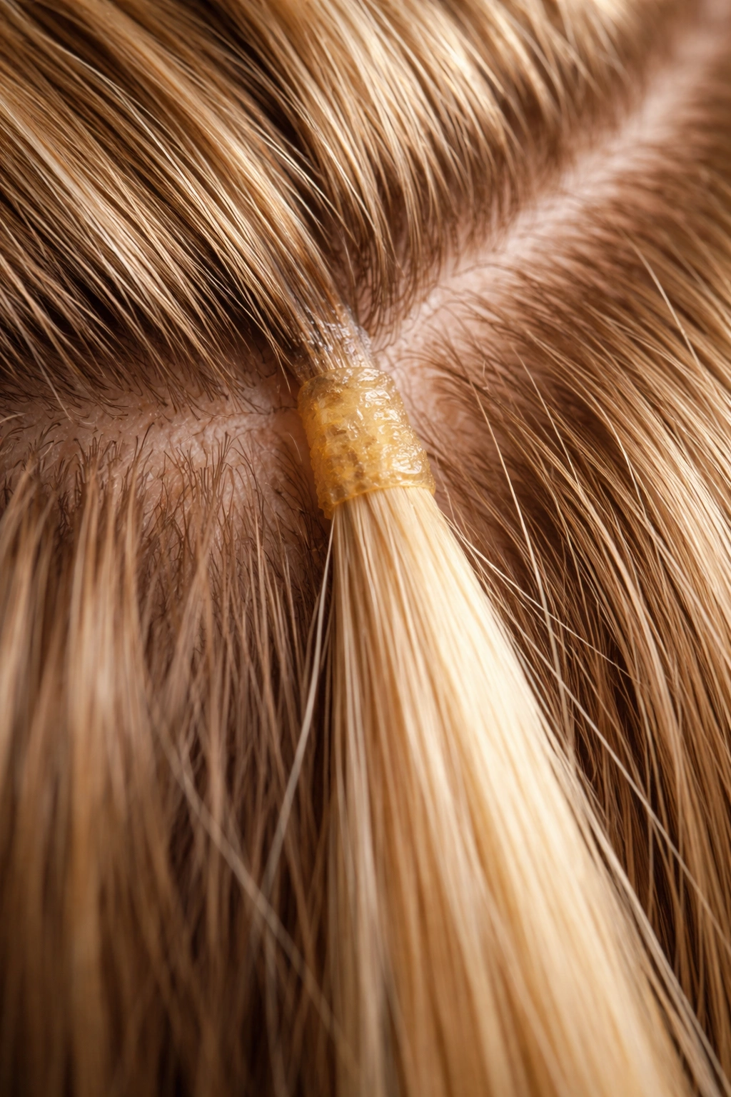 Close-up of a keratin-based hair extension bond at the root, highlighting bond texture and hair.