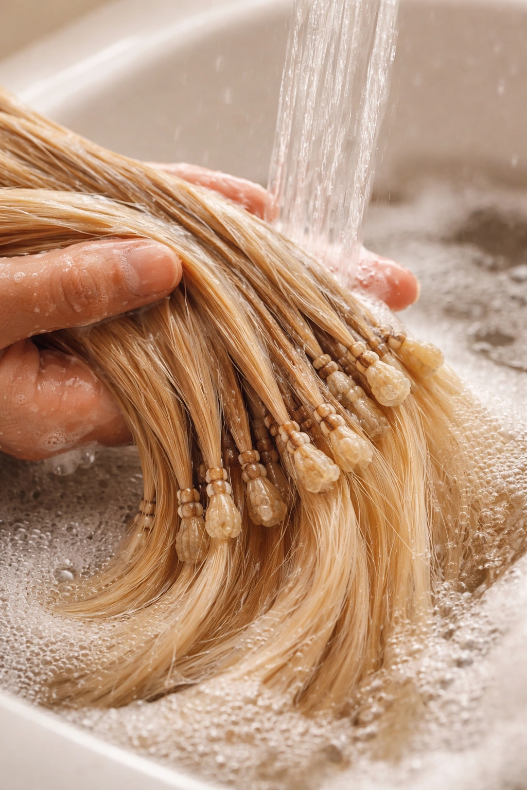Close-up of keratin bonds on hair ends during washing