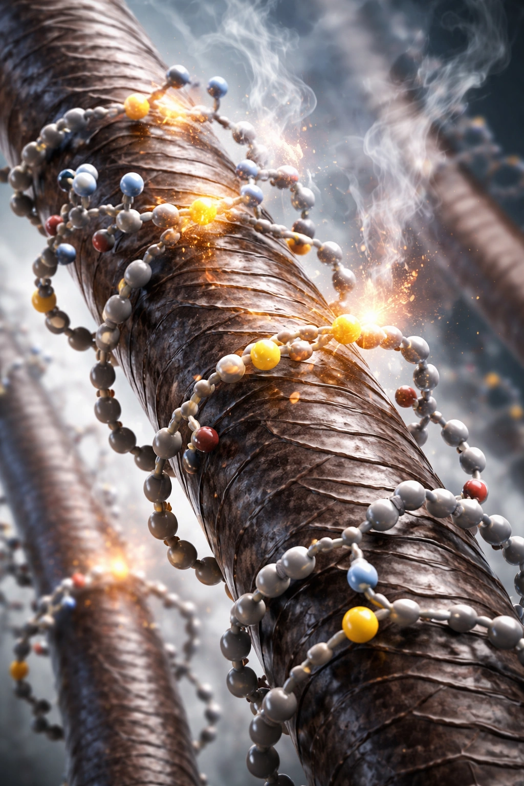 Macro close-up of keratin hair strand showing disulfide bonds to illustrate burnt hair odor chemistry