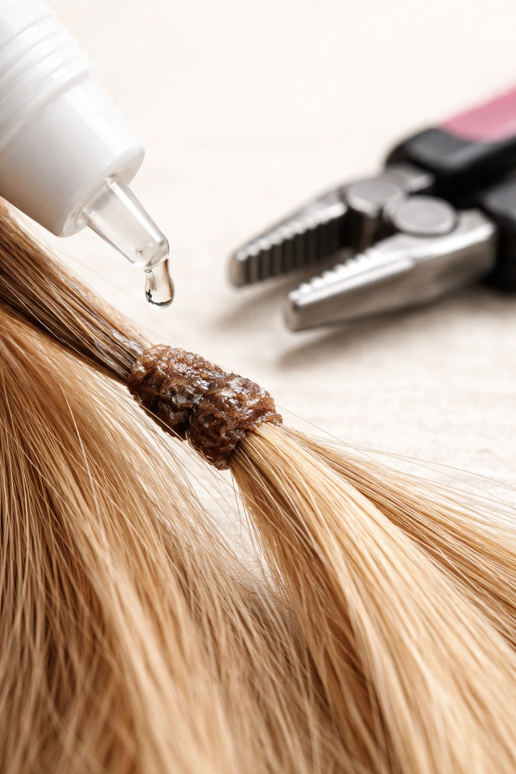 Close-up of a keratin bond being softened for removal with remover and pliers nearby.