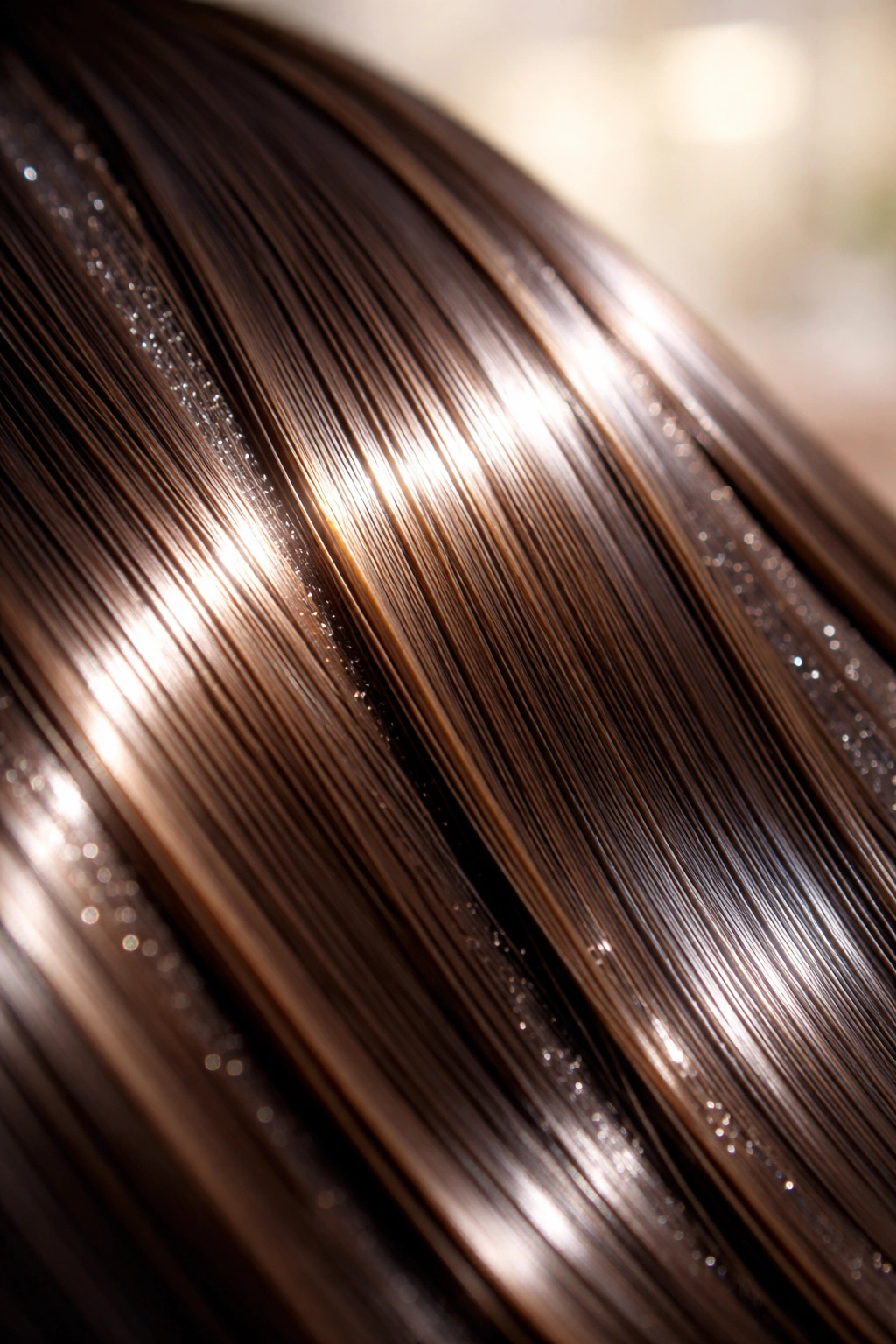 Close-up of sleek keratin-treated hair strands with intense shine