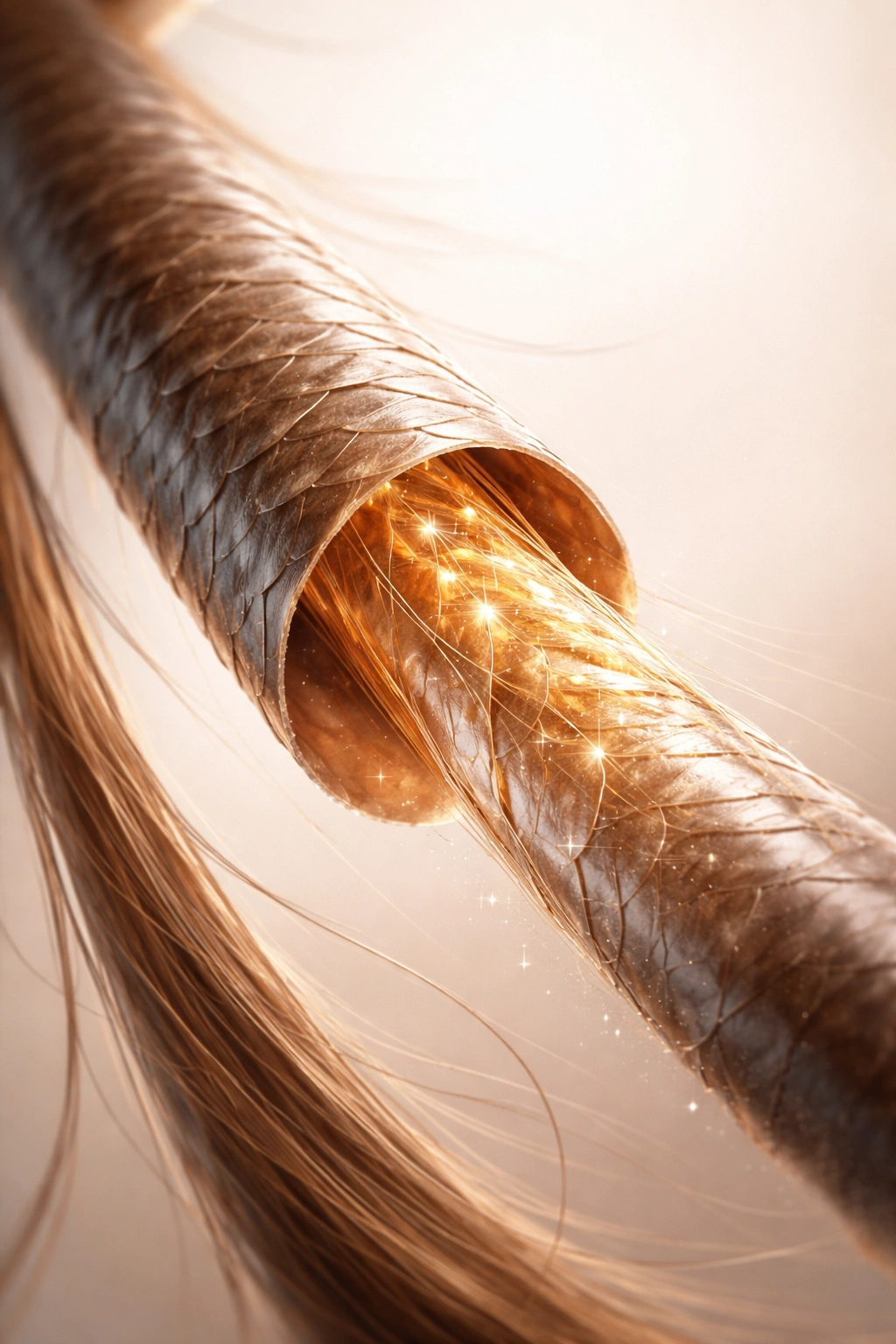 Close-up of a hair strand highlighting keratin structure and outer protective surface