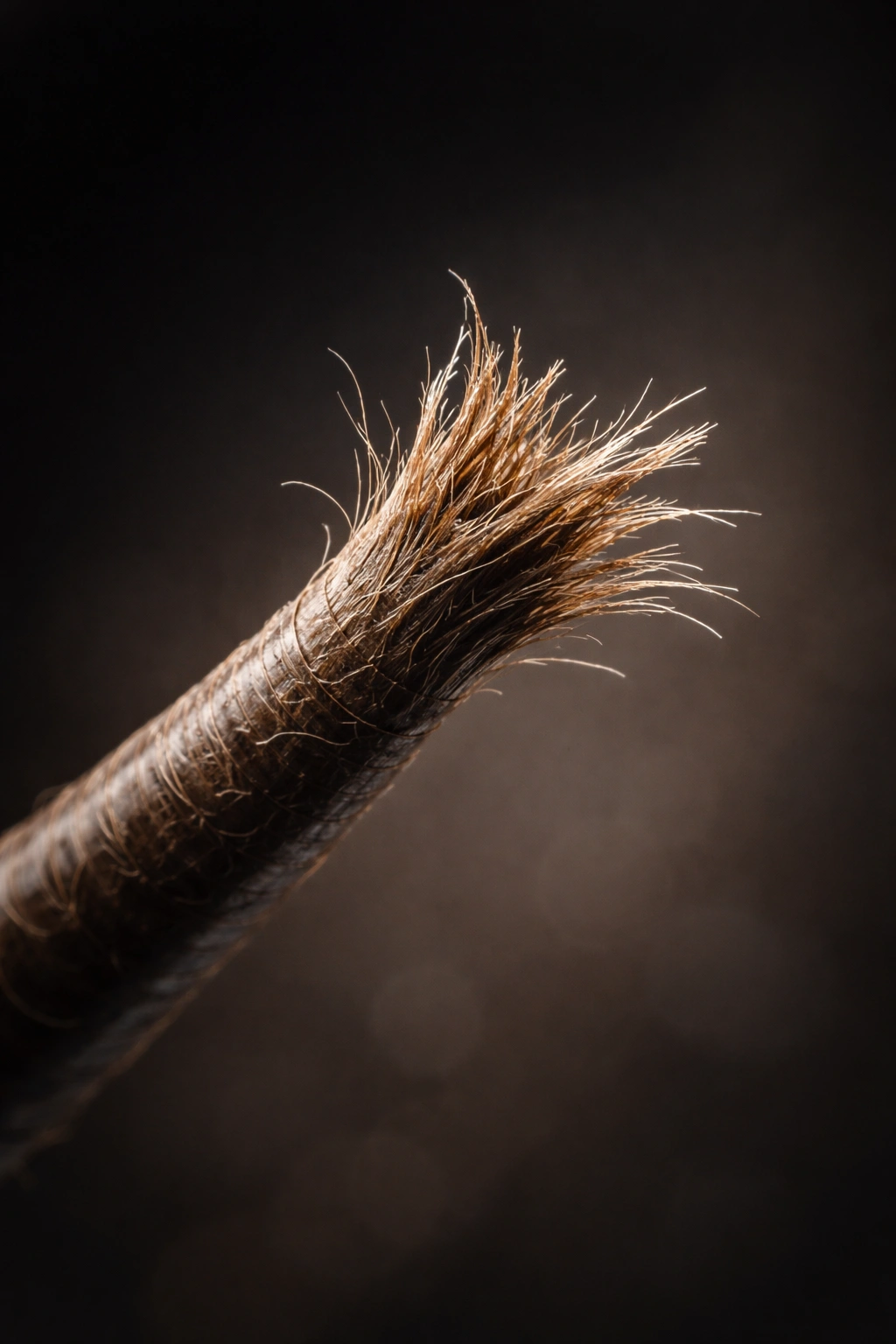 Hair strand with a frayed tip indicating shortened keratin lifespan