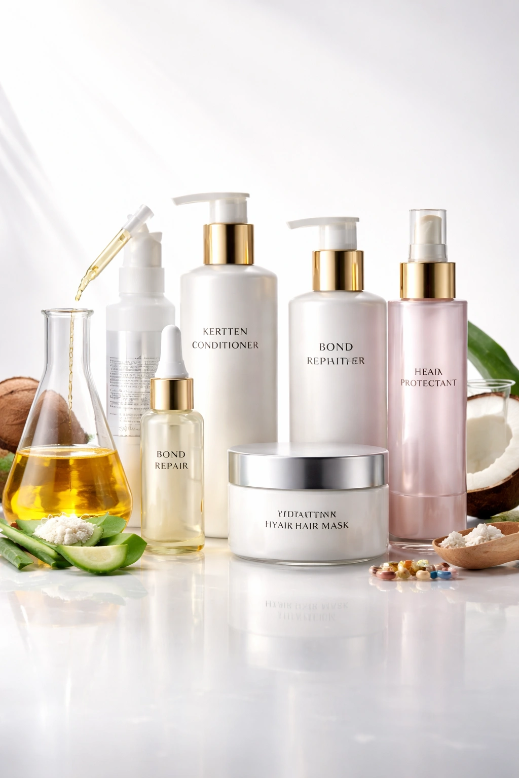 Row of hair care bottles arranged on a clean surface illustrating sought-after ingredients