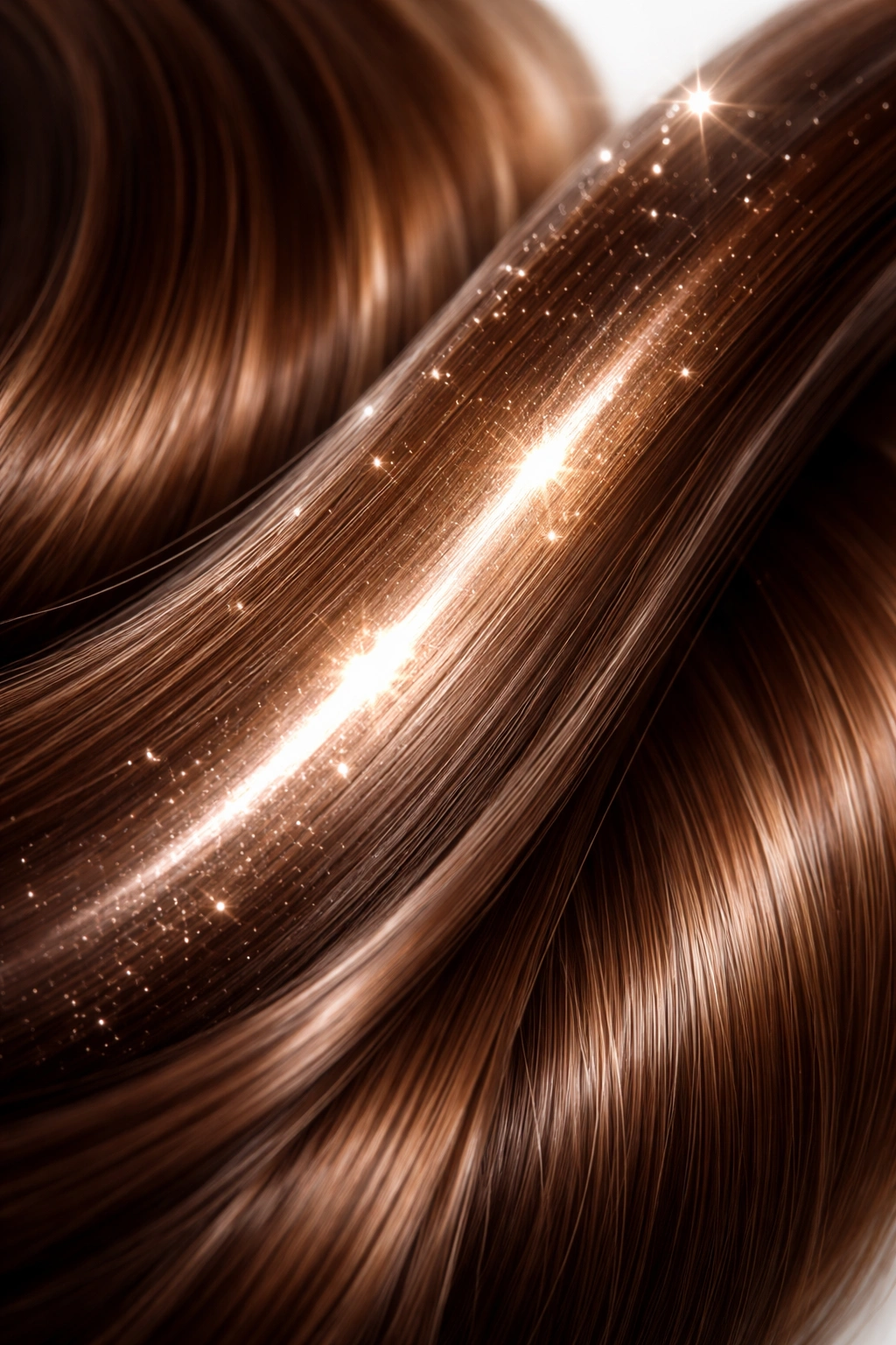 Hair strand with smooth, keratin-coated cuticle reflecting light
