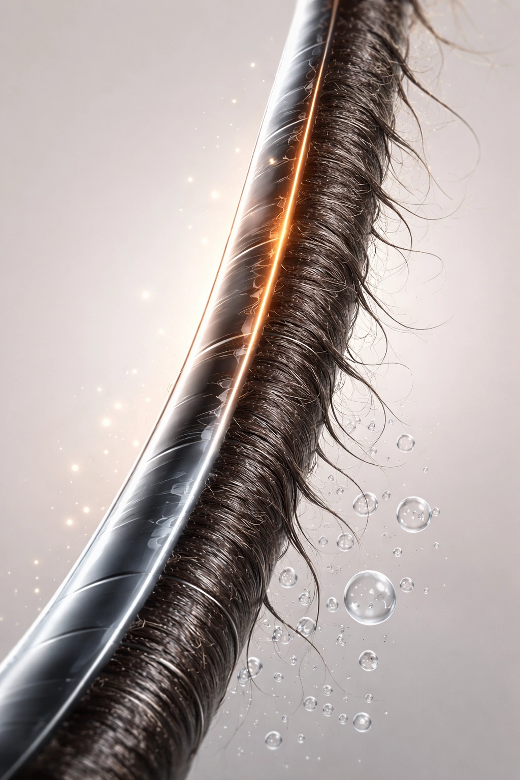 Glossy hair strand with keratin coating illustrating treatment versus other smoothing options
