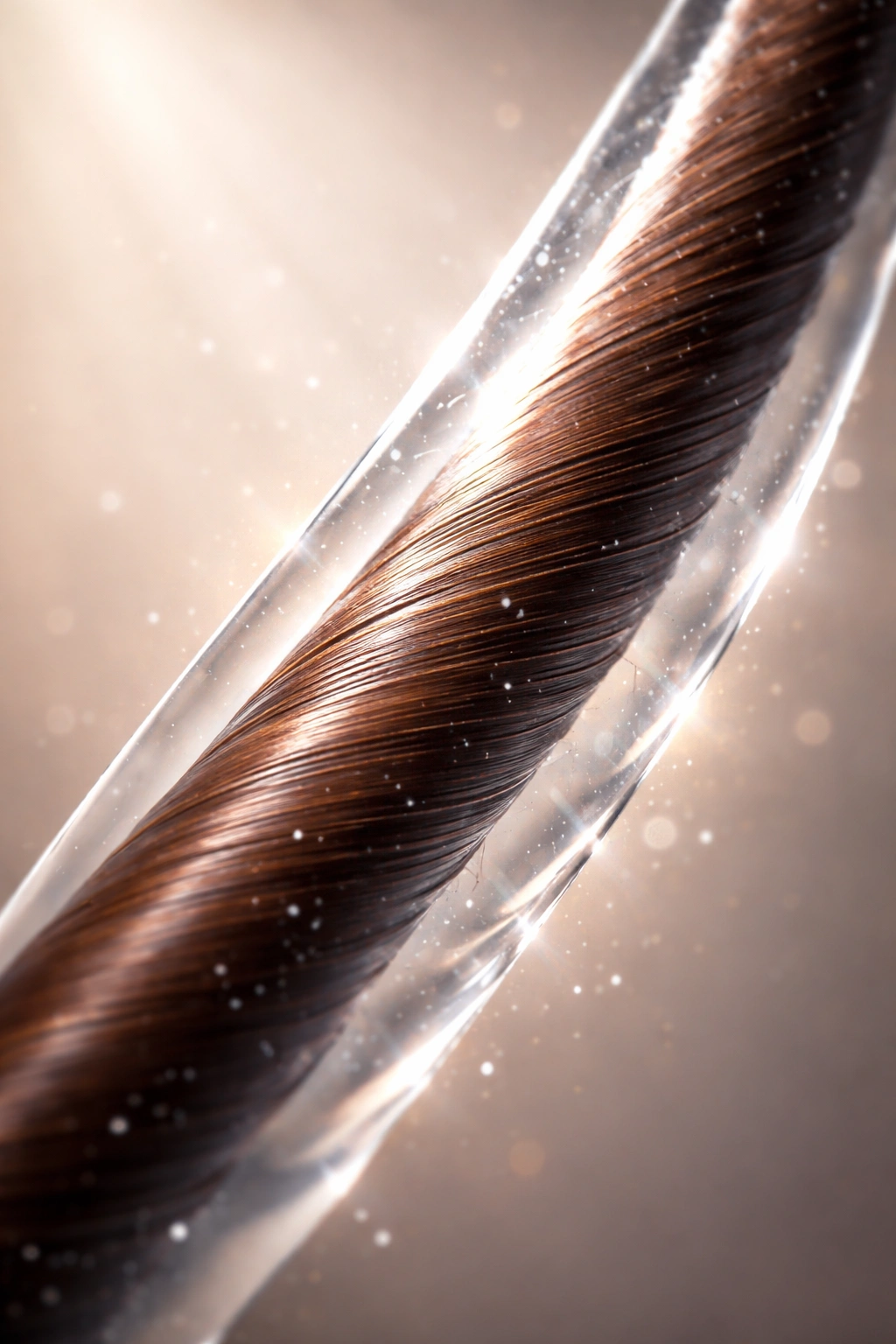 Close-up of a single hair strand with a glossy keratin coating