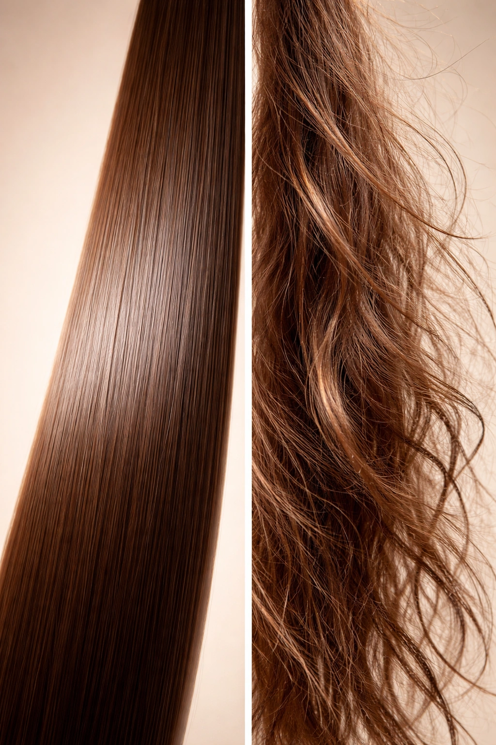 Two hair strands showing different textures to indicate suitability for keratin treatments