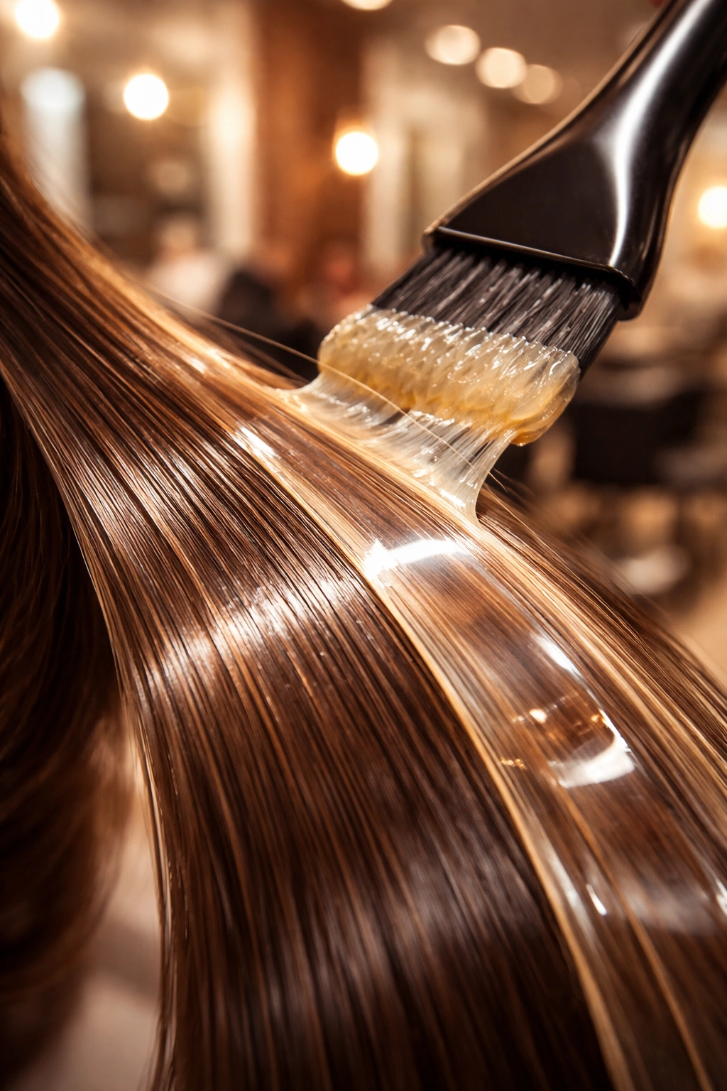 Close-up of a glossy keratin-coated hair strand in a salon