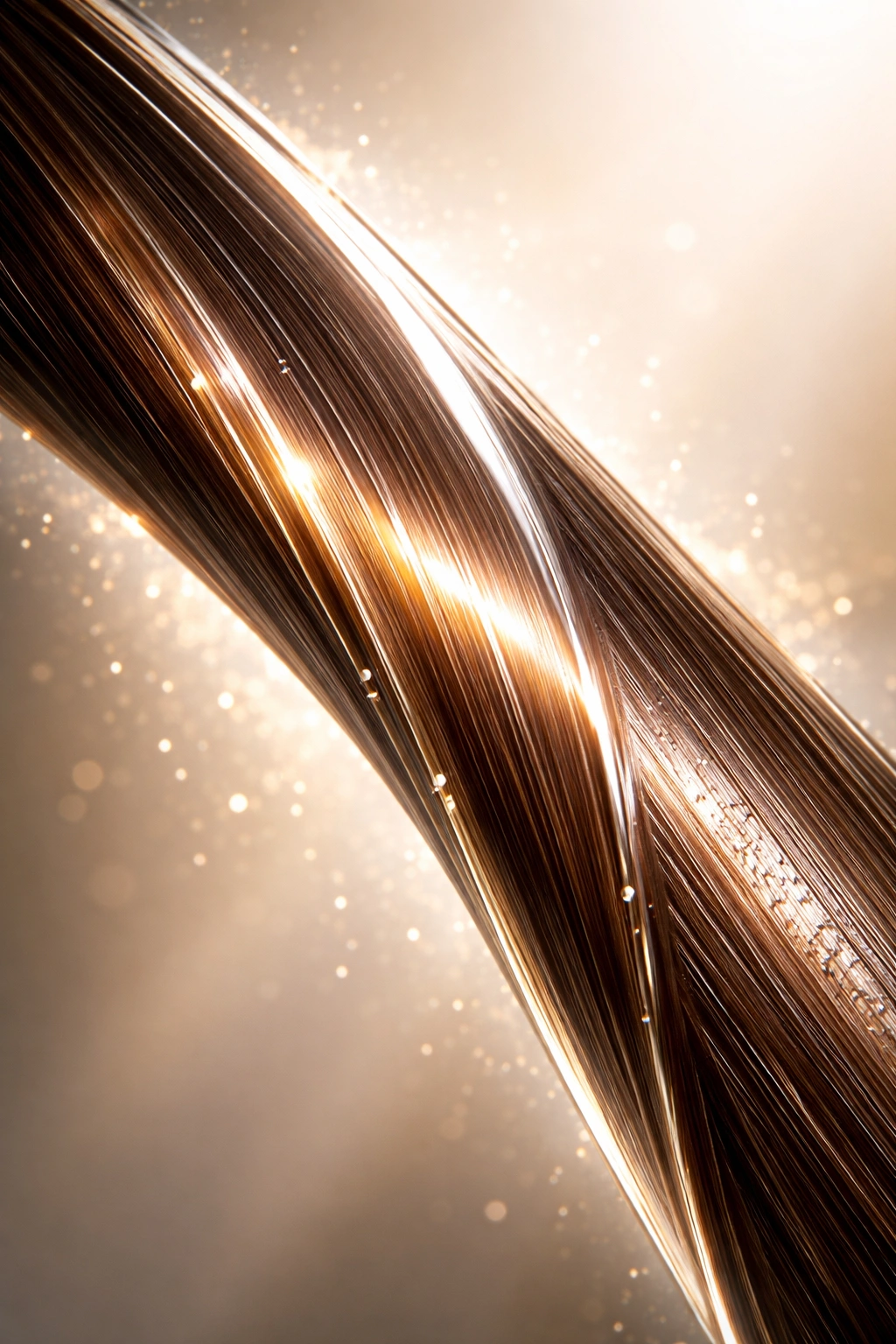 Hair strand with glossy keratin coating implying professional treatment