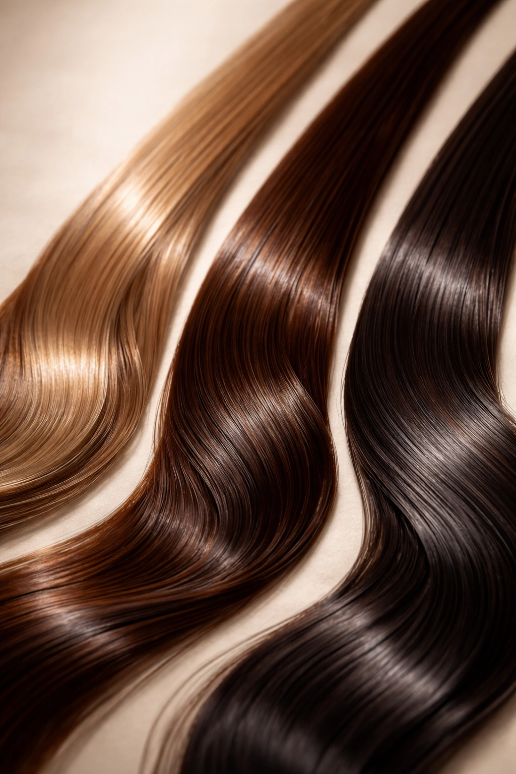 Three hair strands with varying shine representing different keratin lifespans