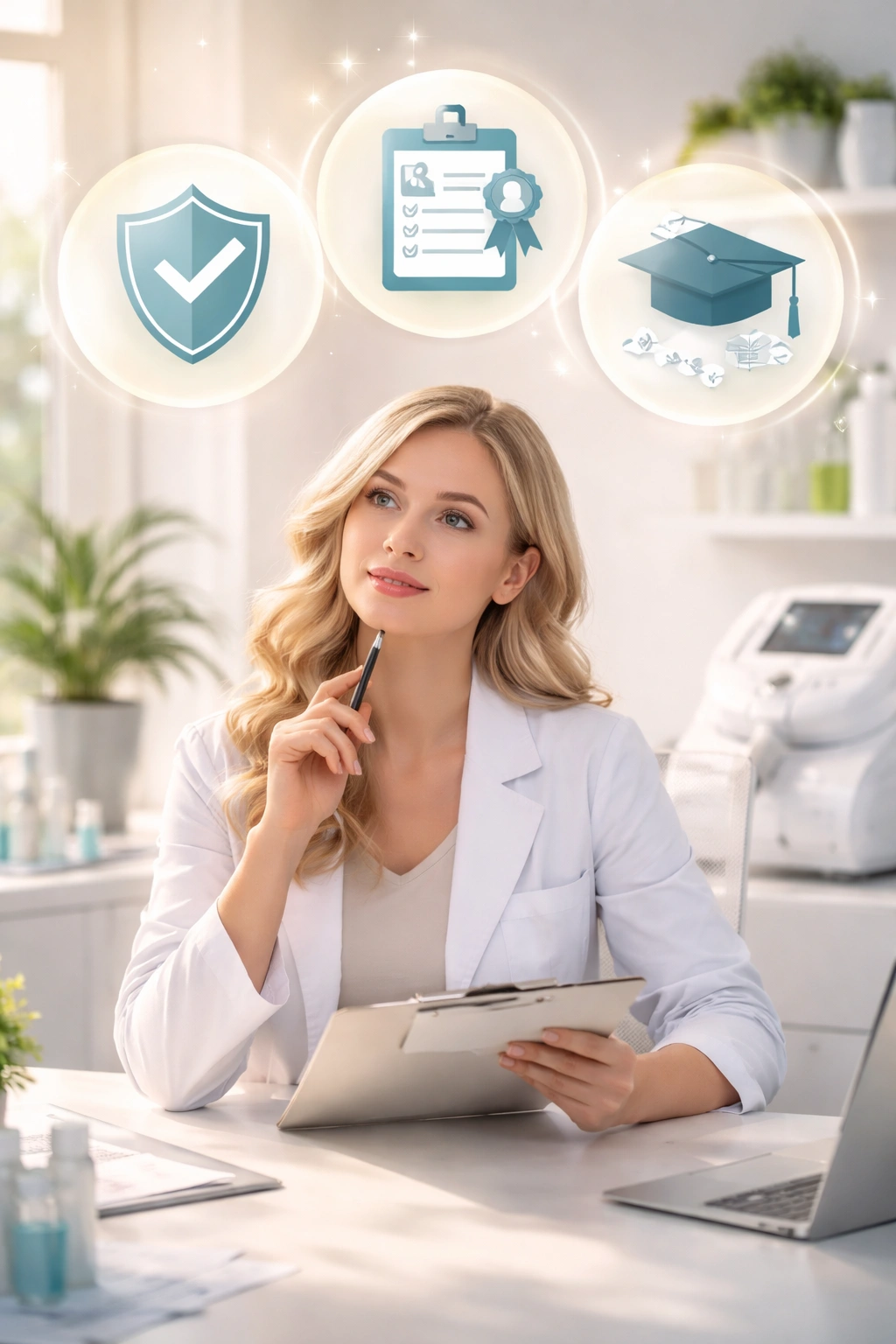 Professional in a bright office with abstract icons signaling licensing and training takeaways