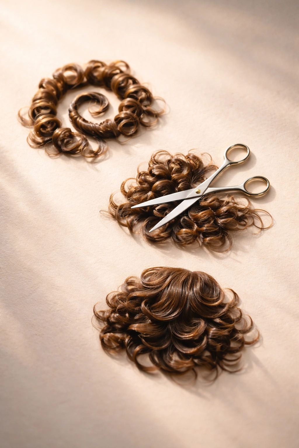 12 Short Haircuts For Type 3 Curly Hair To Try 13 Abstract three curly shapes representing key takeaways about type 3 curls on a neutral gradient background