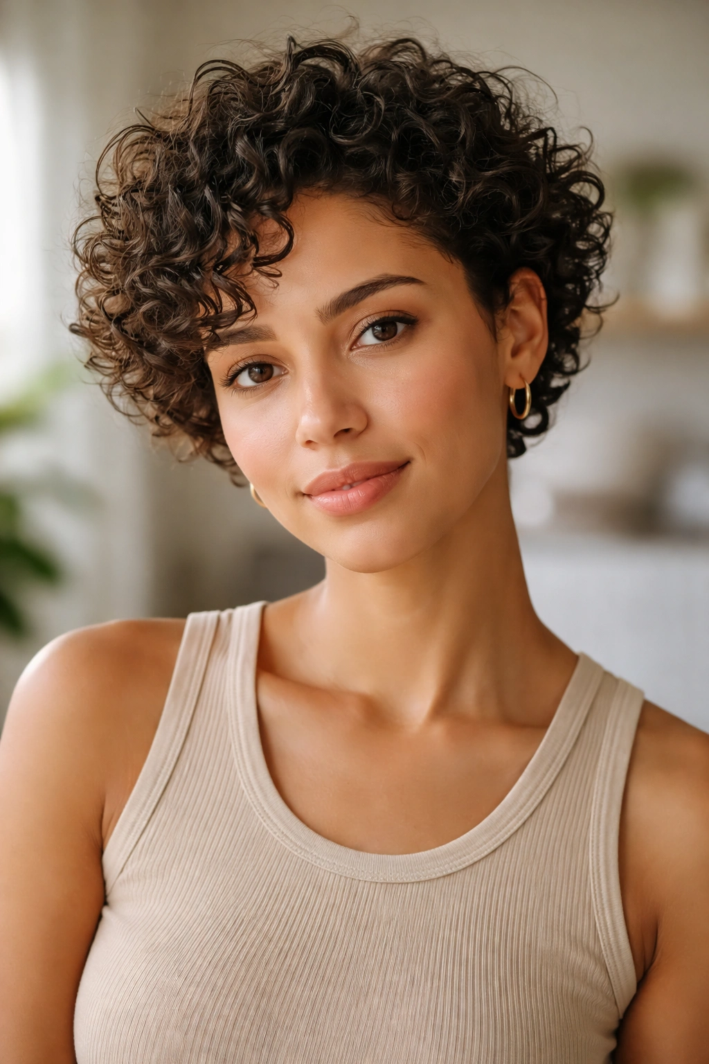 20 Short Curly Haircuts To Try Today 21 Close-up portrait of a person with short curly hair conveying key takeaways about haircut decisions